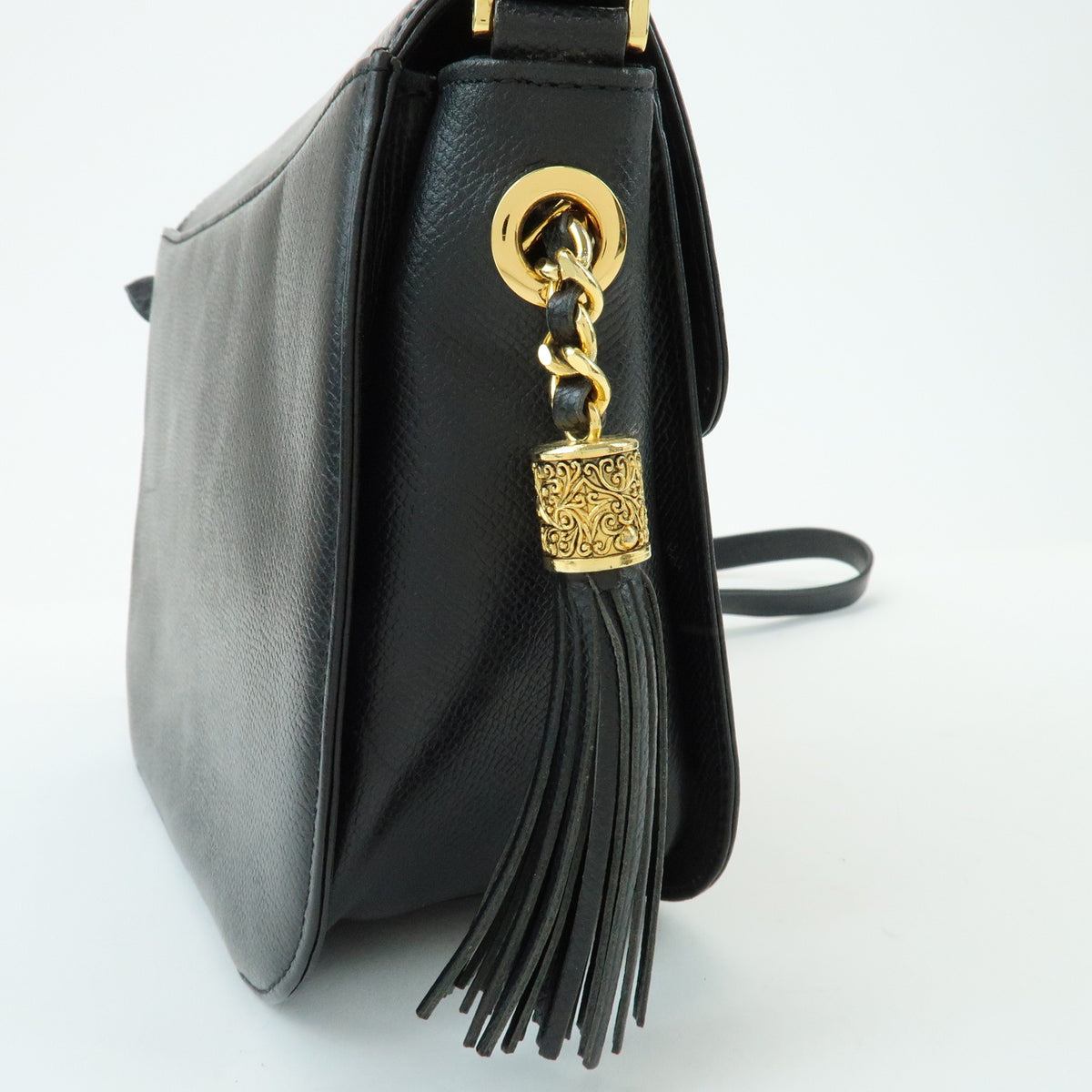 VALENTINO V Logo Leather Shoulder Bag Crossbody Bag Tassel Charm Black