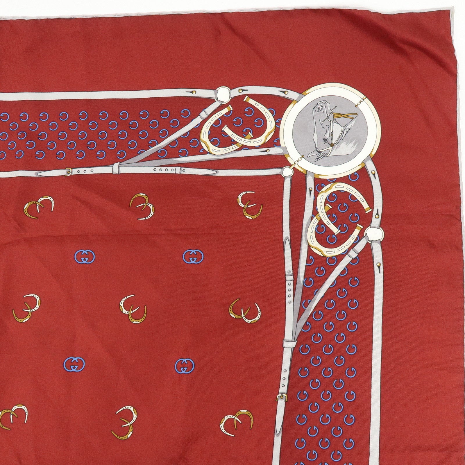 GUCCI Silk 100% Double G Horseshoe Scarf Bordeaux White Blue
