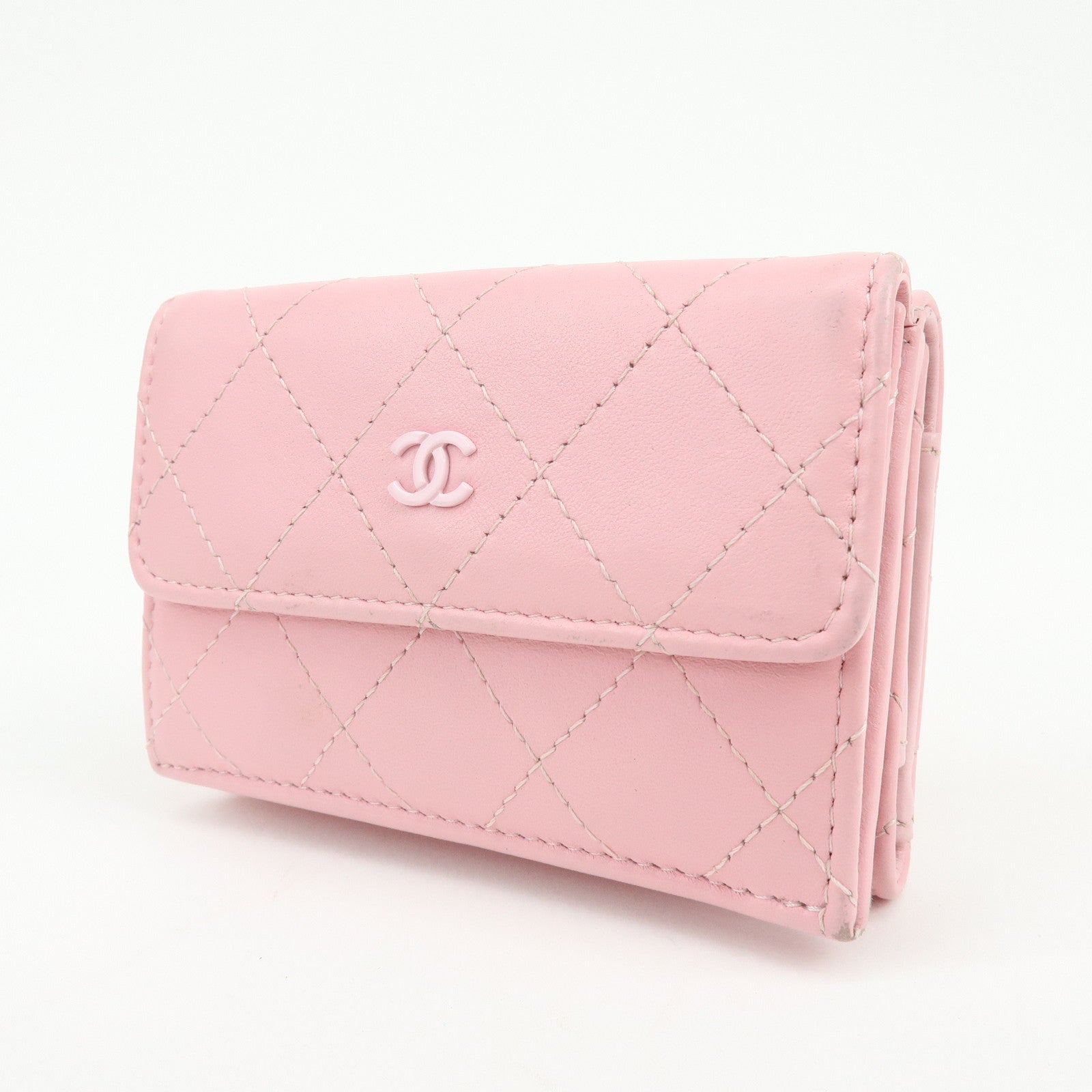 CHANEL COCO Mark Wild Stitch Calf Skin Tri-Fold Compact Wallet Pink