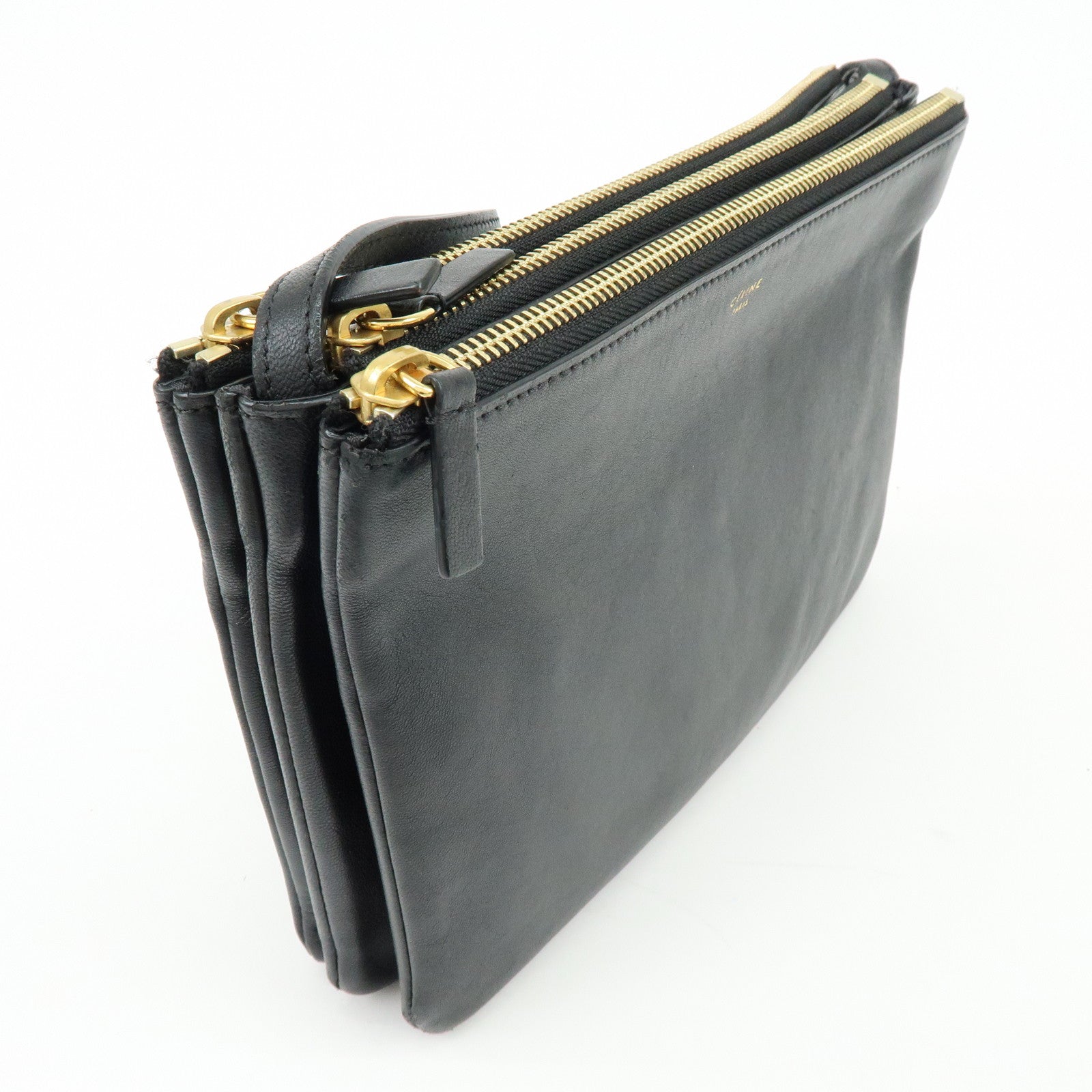 CELINE Trio Bag Leather Shoulder Bag Crossbody Bag Pouch Black