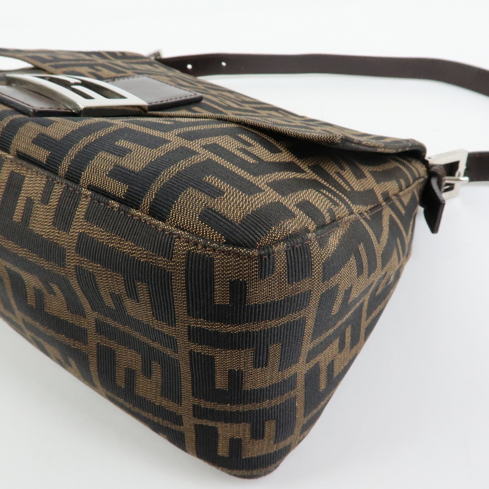 FENDI Mamma Baguette Zucca Canvas Leather Shoulder Bag Brown 26325