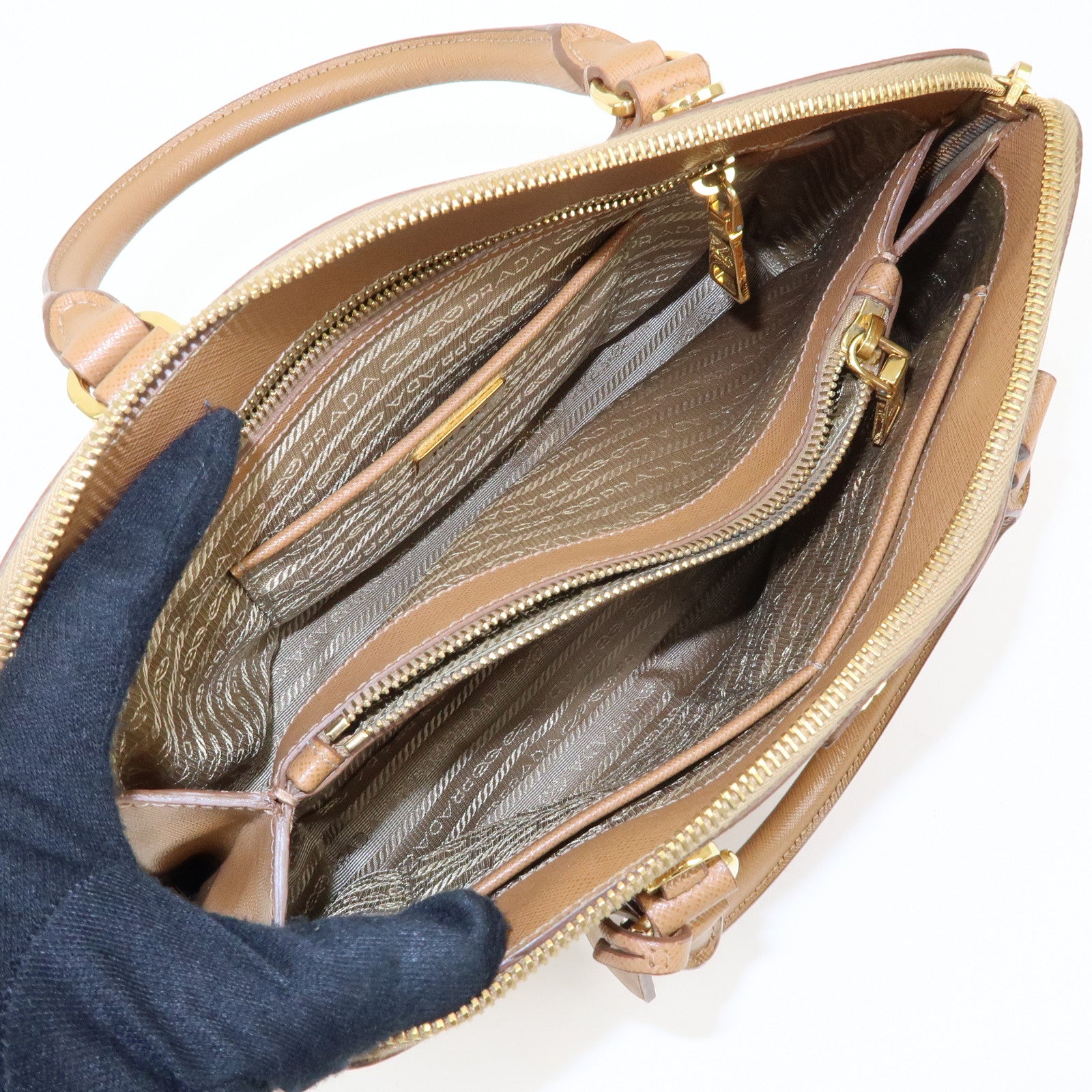 PRADA Triangle Logo Saffiano Leather Hand Bag Camel BL0837