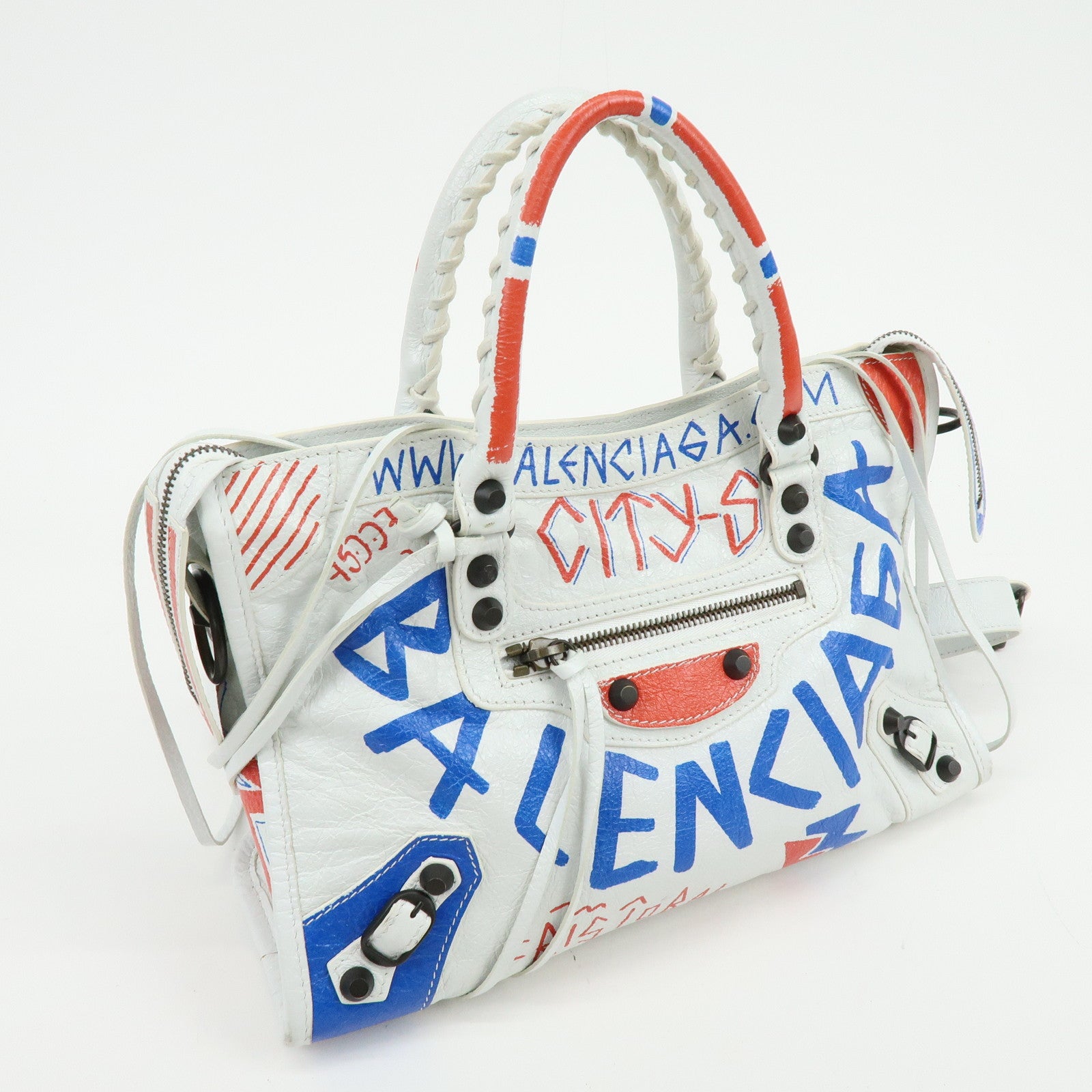 BALENCIAGA City Graphiti Classic Leather 2Way Bag Hand Bag White 431621