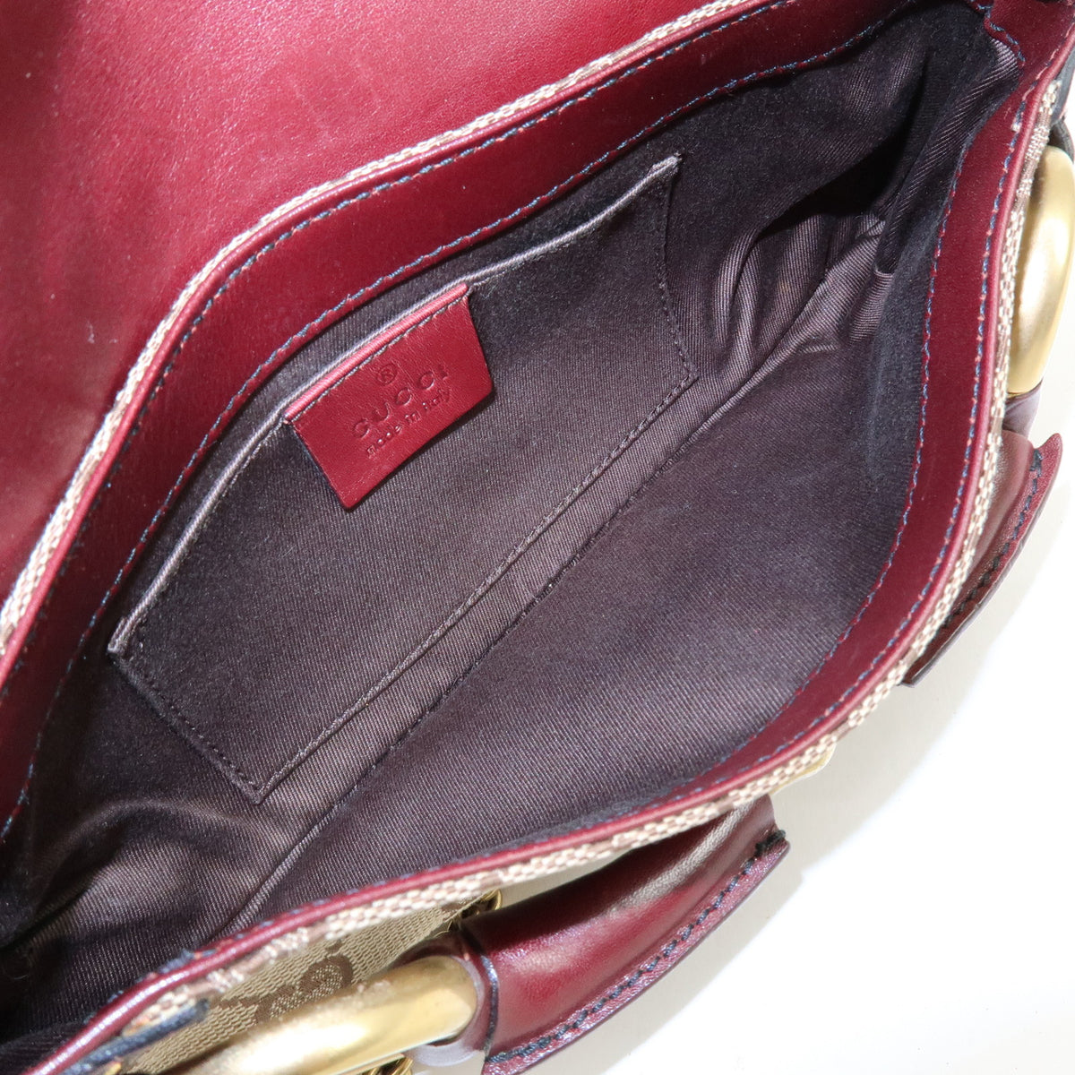 GUCCI Horsebit GG Canvas Leather Chain Hand Bag Brown Bordeaux 119186