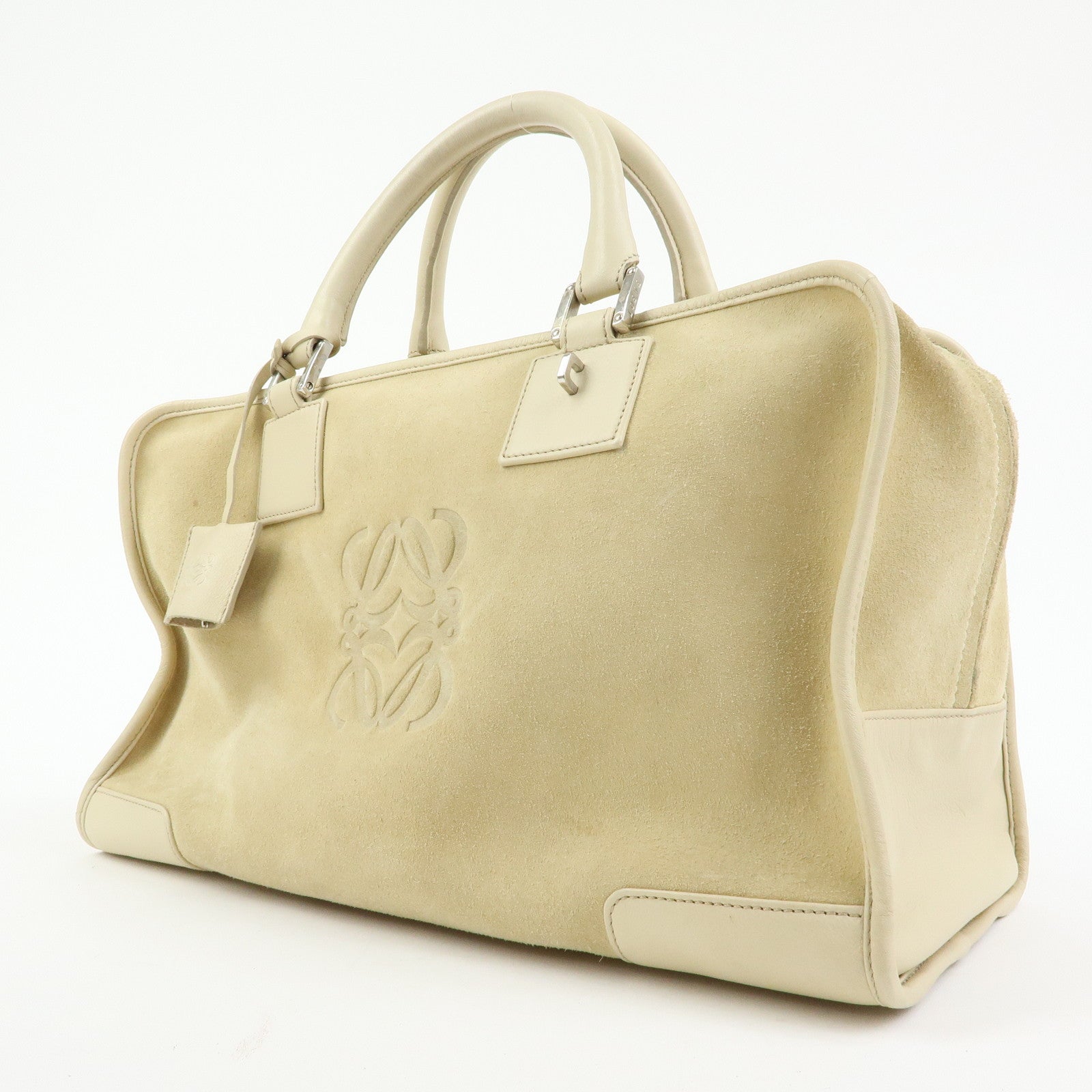 LOEWE Amazona 36 Suede Leather Boston Bag Hand Bag Beige Ivory