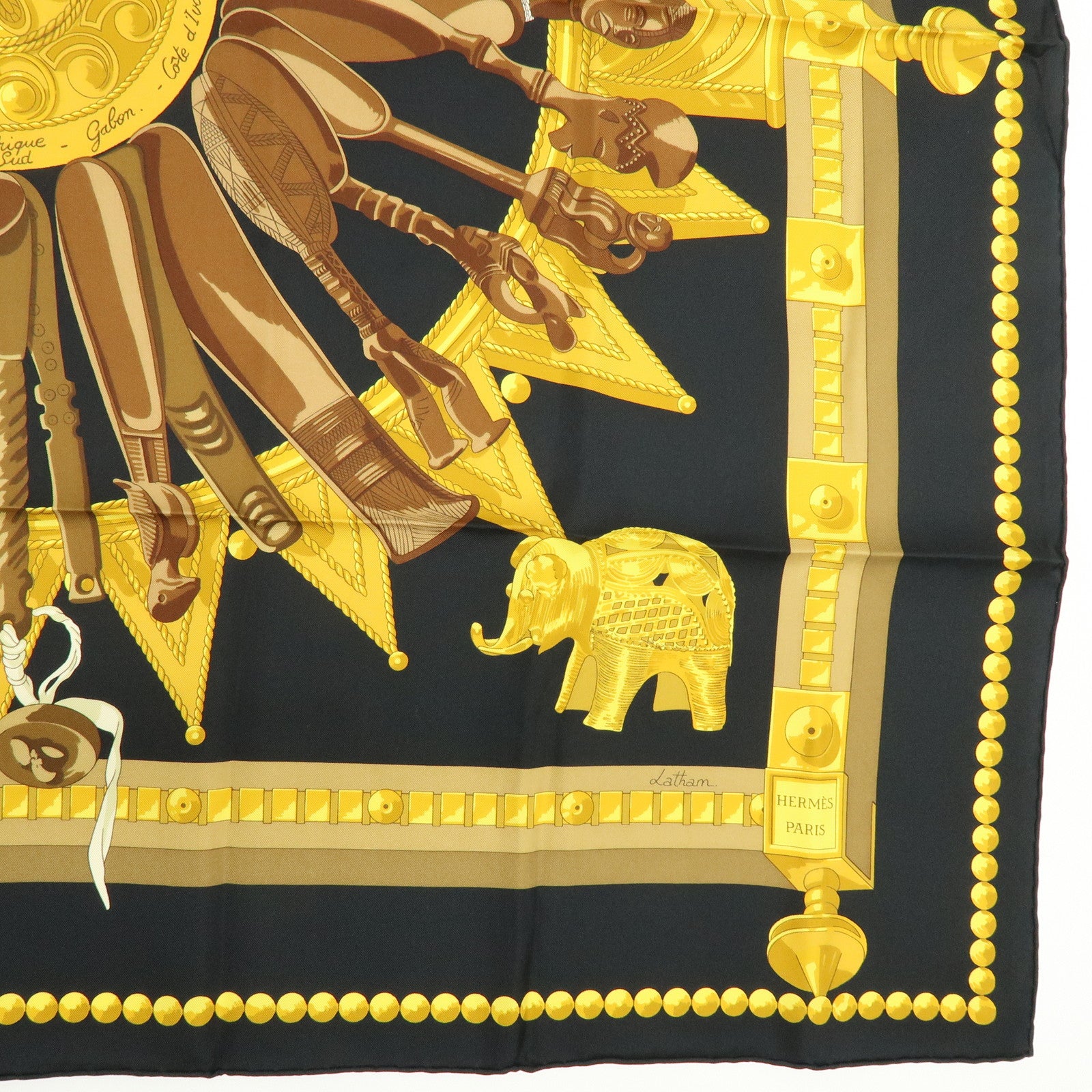 HERMES Carre 90 Silk 100% Scarf CUILLERS D'AFRIQUE Black Gold Brown