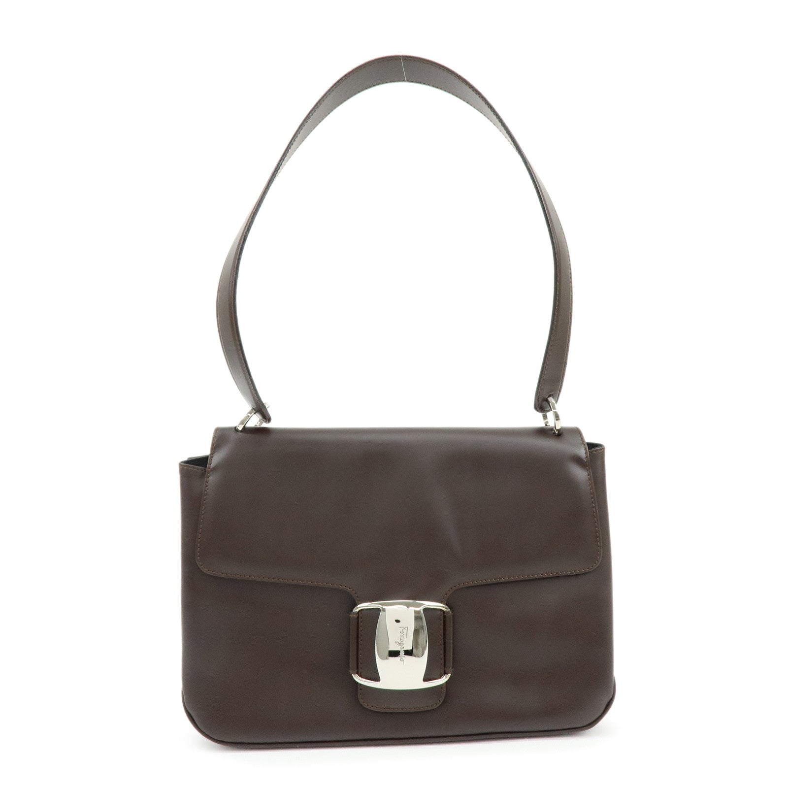 Ferragamo Vara Leather Shoulder Bag Hand Bag Dark Brown