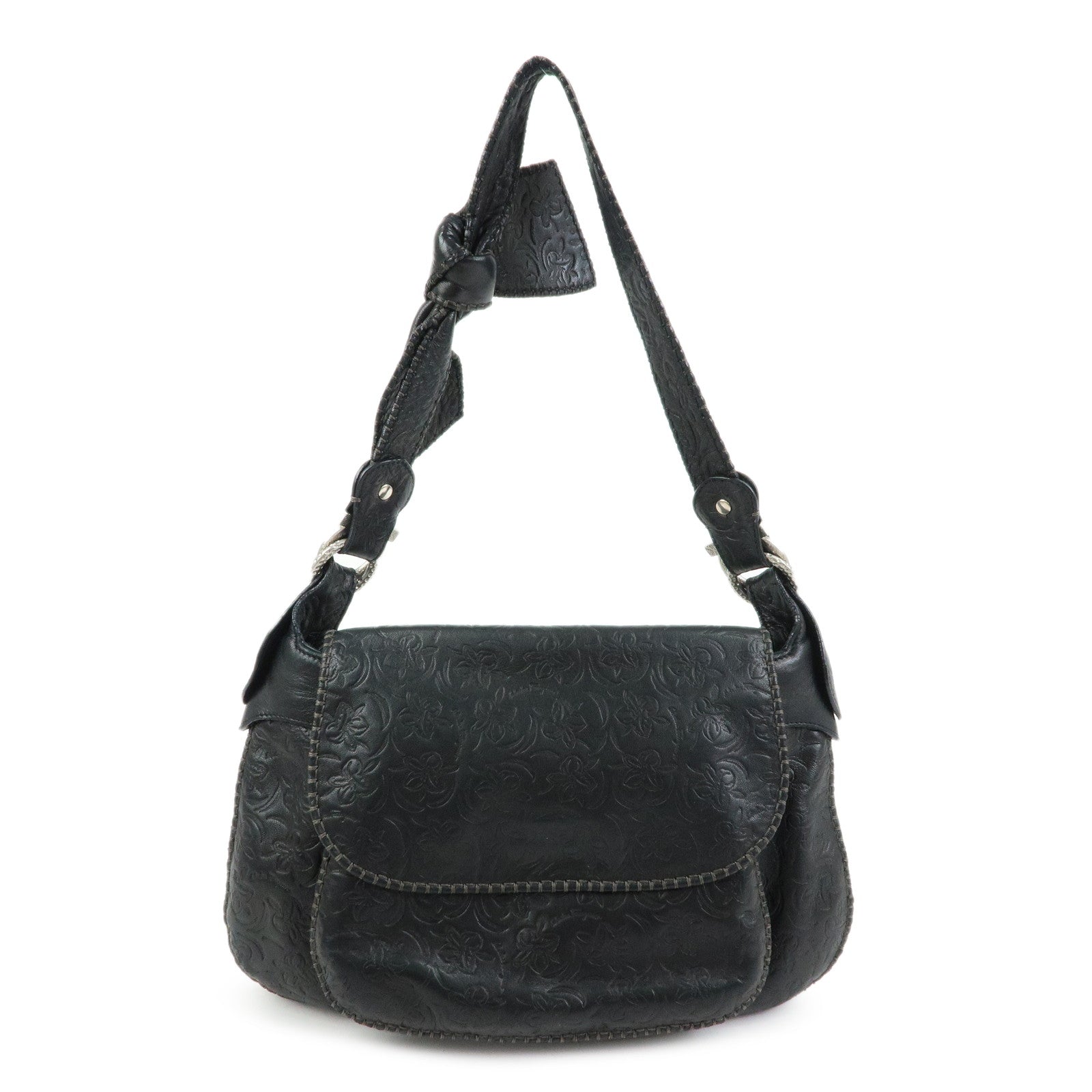 Ferragamo Gancini Embossed Flower Leather Shoulder Bag Black