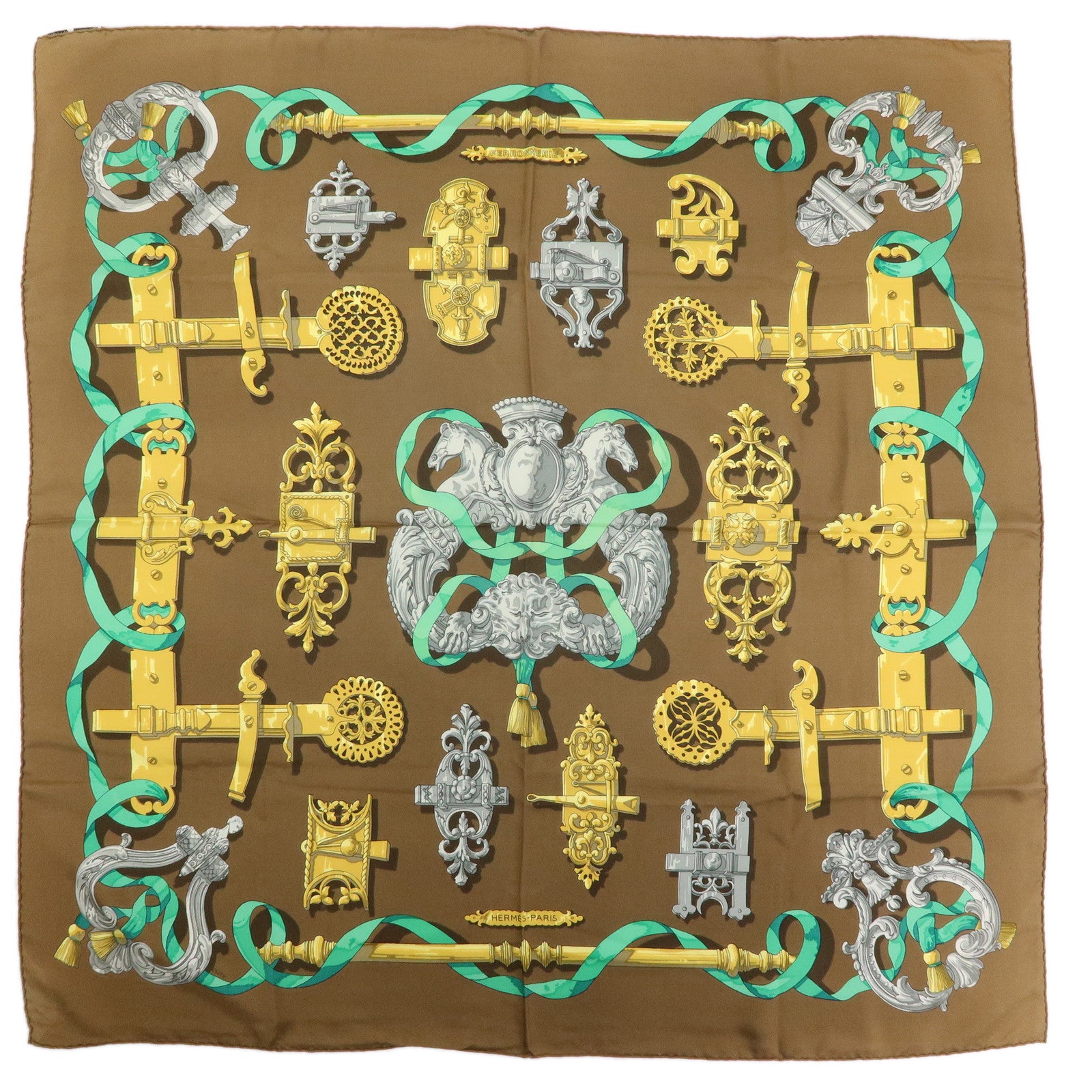 HERMES Carre 90 Silk 100% Scarf Ferronnerie Brown Gold