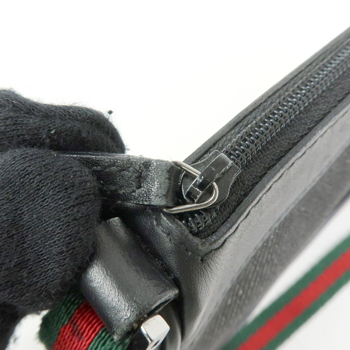 GUCCI Sherry Accessory Pouch Denim Canvas Leather Hand Bag Black 92820