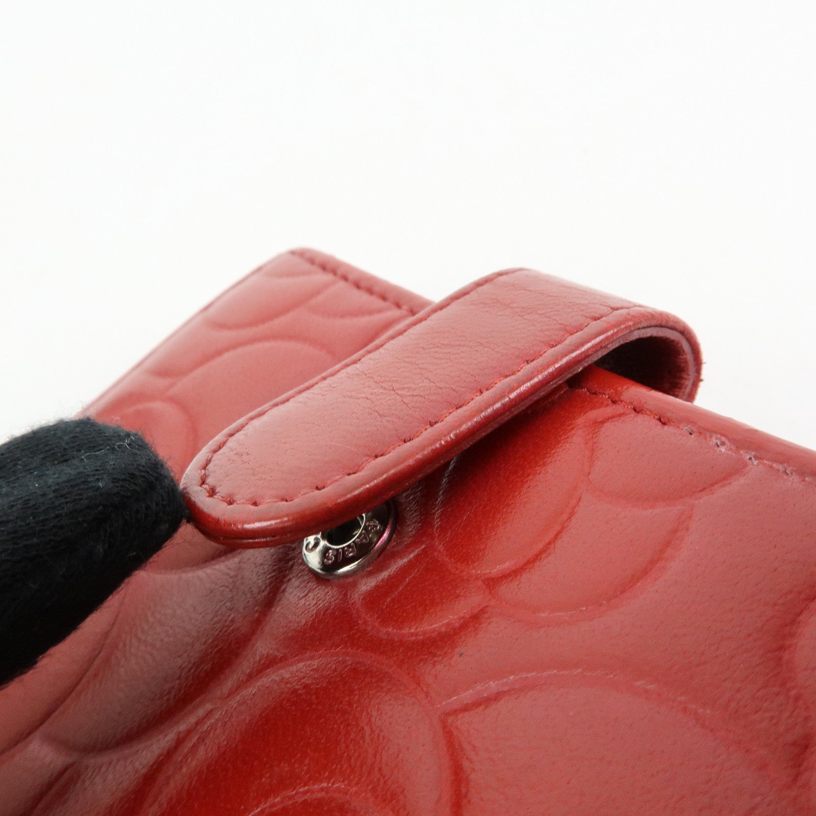 CHANEL Camellia COCO Mark Lamb Skin Bi-fold Compact Wallet Red A47422