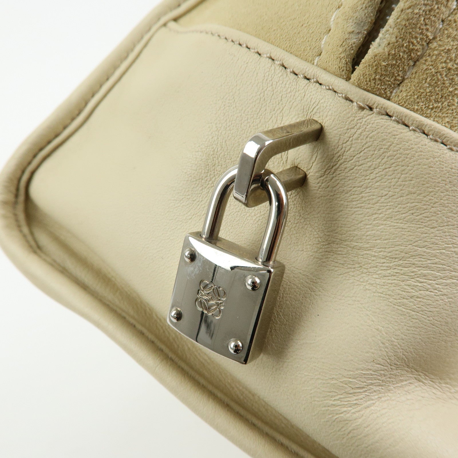 LOEWE Amazona 36 Suede Leather Boston Bag Hand Bag Beige Ivory