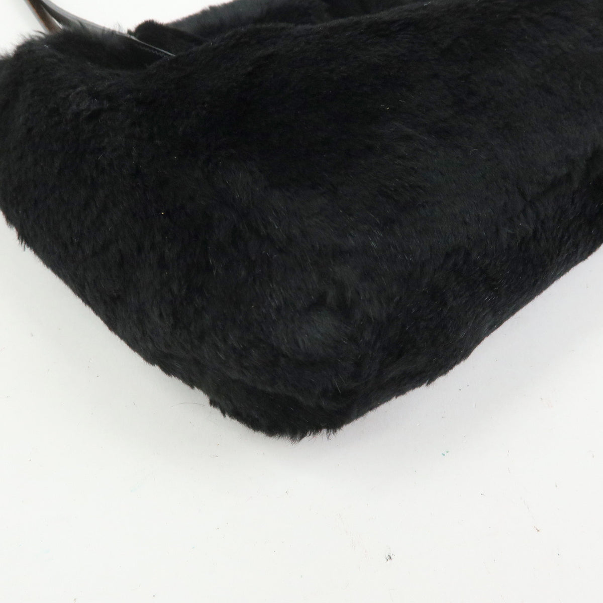 FENDI FF Logo Lapin Rabbit Fur Leather Shoulder Tote Bag Black 16001