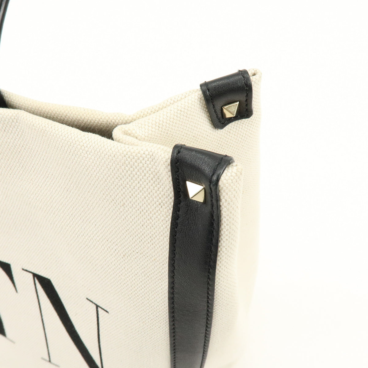 VALENTINO VLTN Rockstud Canvas Leather Tote Bag Hand Bag White Black