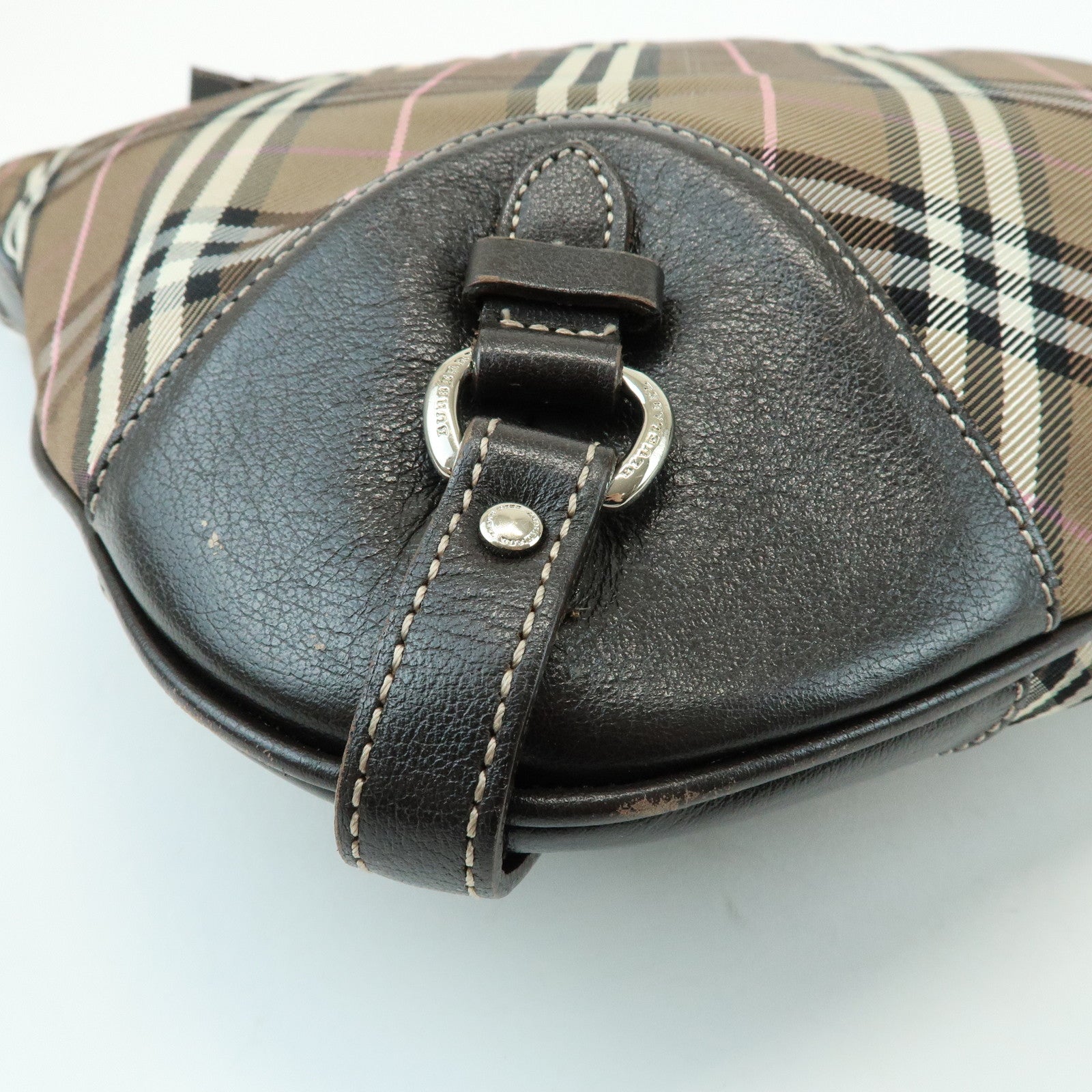 BURBERRY Nova Plaid Blue Label Canvas Leather Shoulder Bag Brown