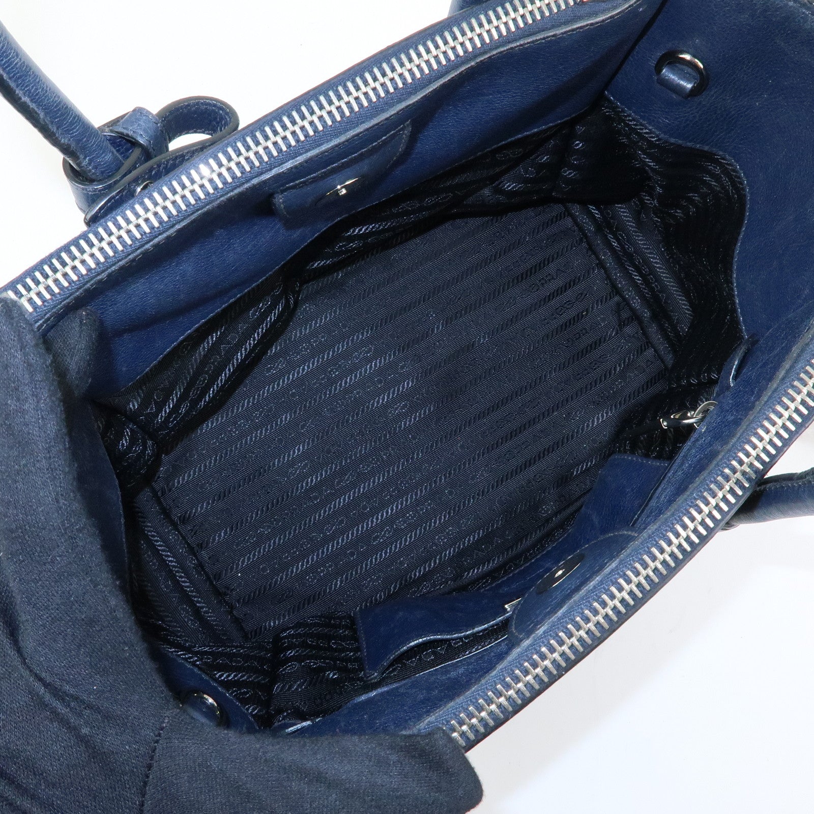 PRADA Triangle Logo Leather 2Way Bag Tote Bag Hand Bag Navy B2625M