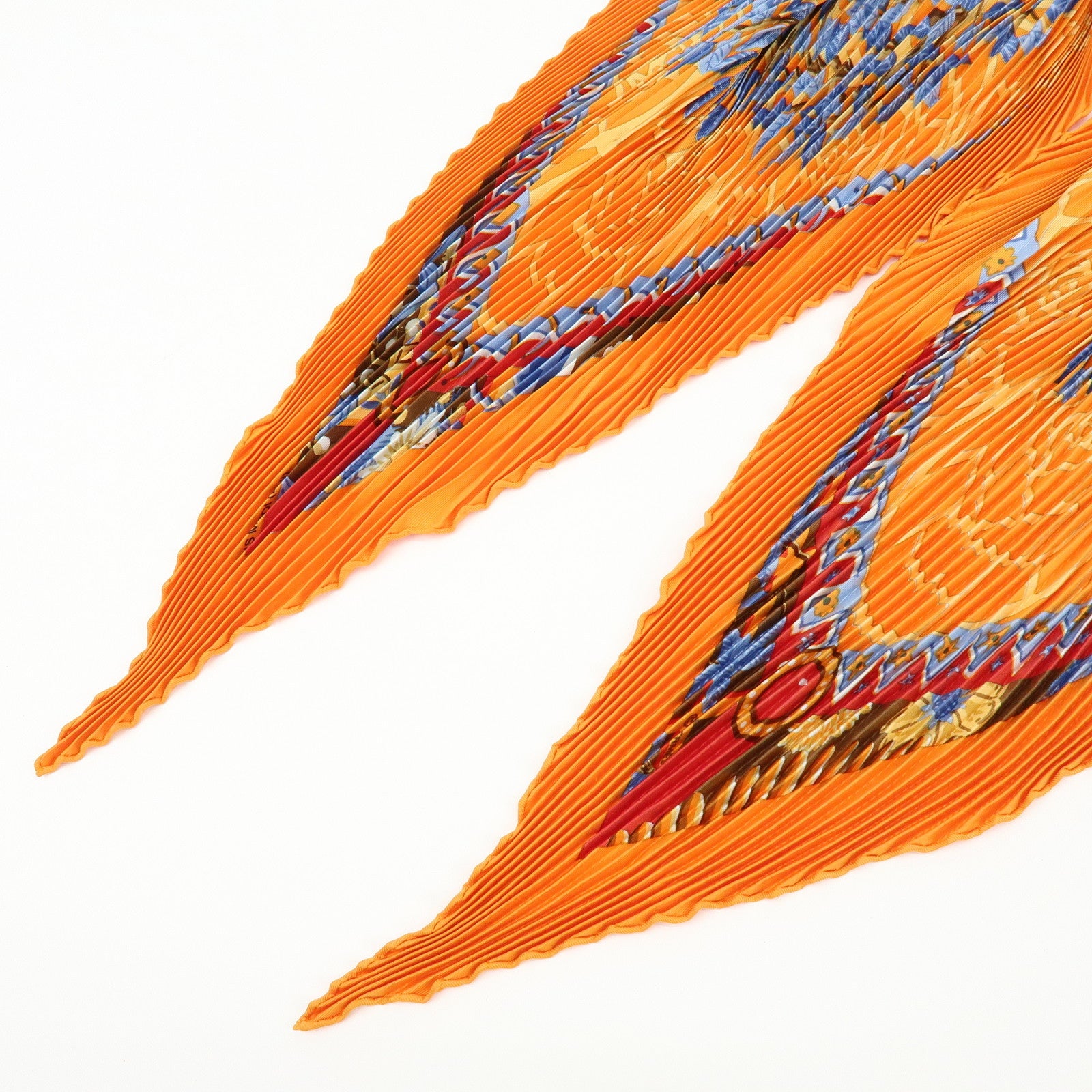 HERMES Pleated Carre Silk 100% Scarf AXIS MUNDI Orange Light Blue