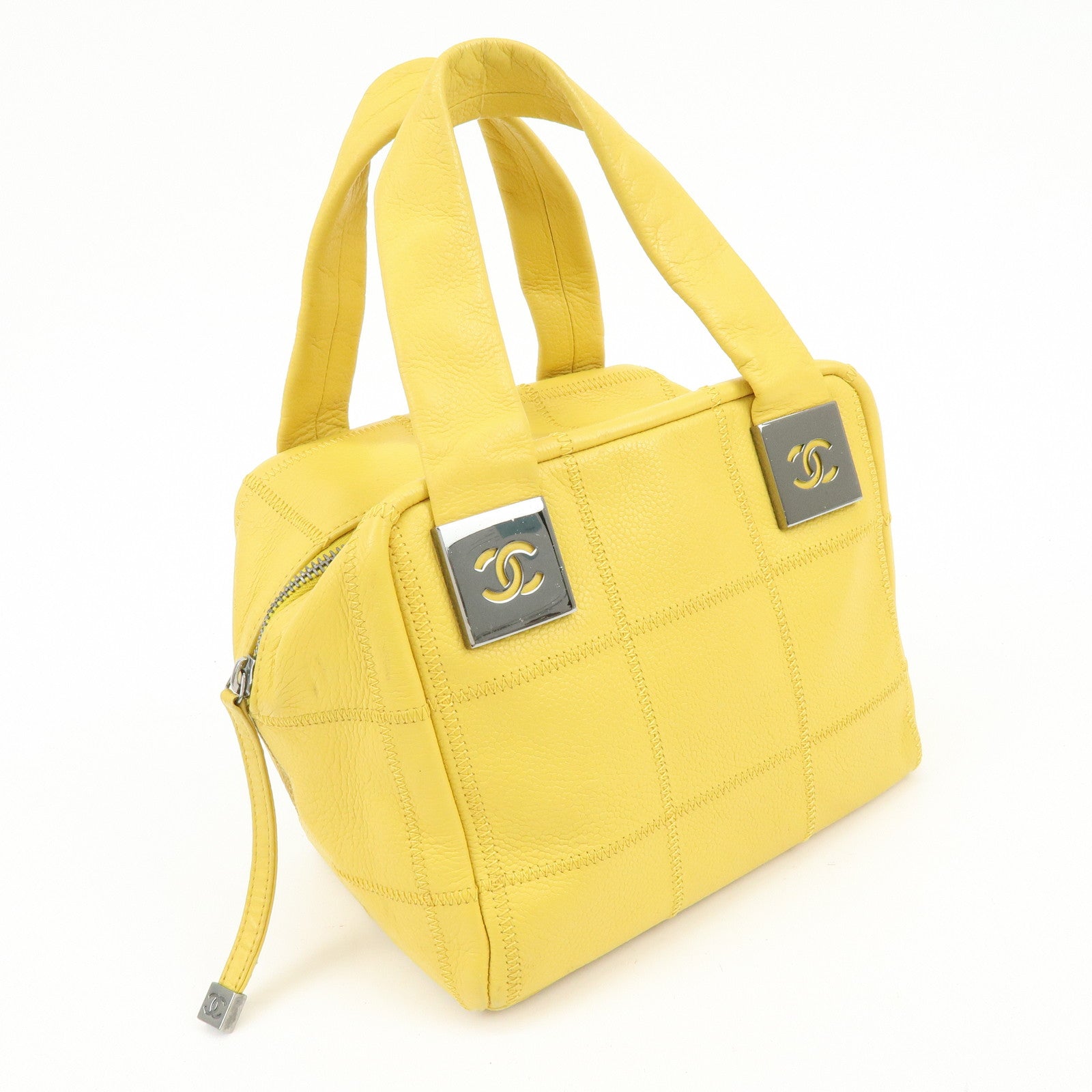 CHANEL Chocolate Bar COCO Mark Caviarskin Boston Bag Yellow A28023