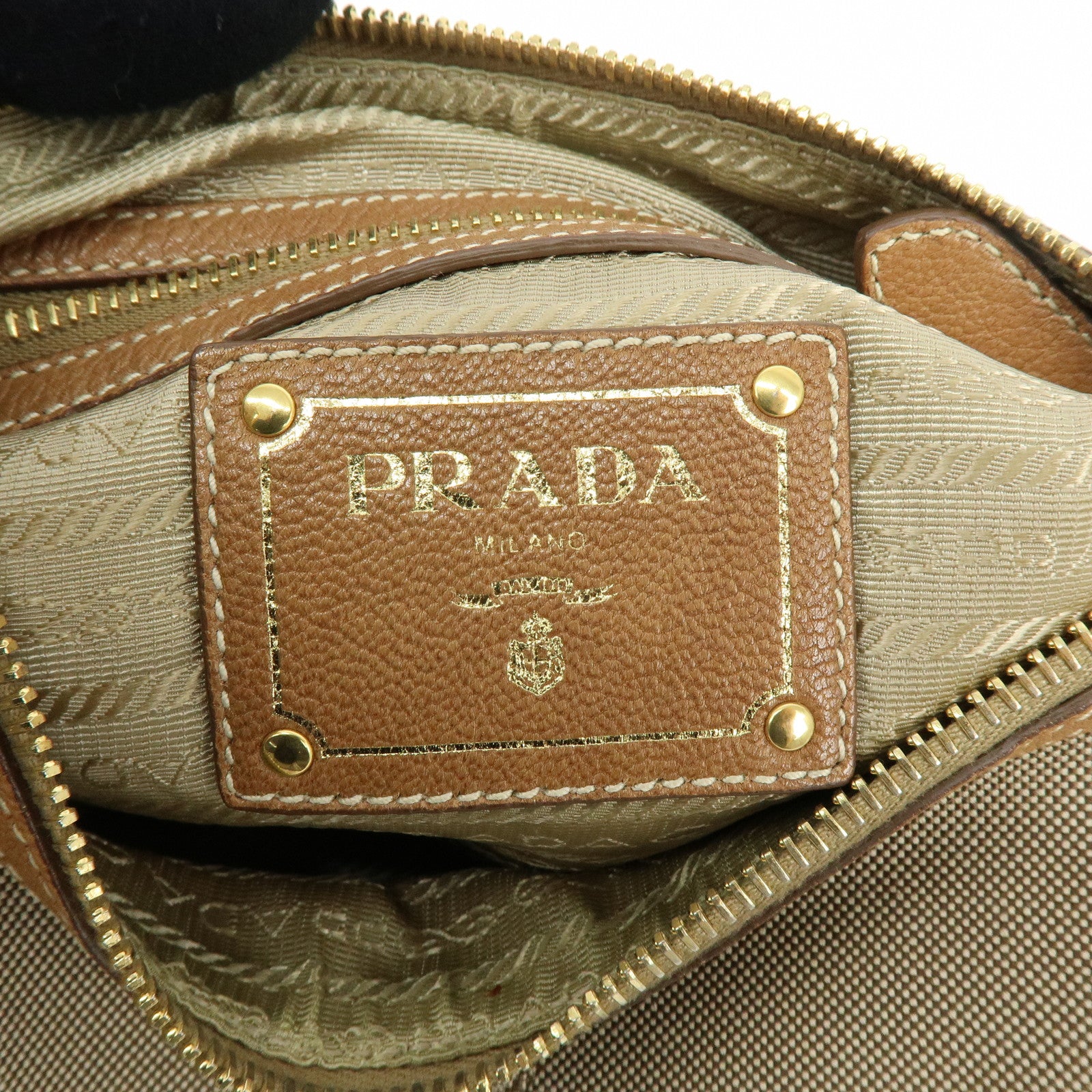 PRADA Logo Jacquard Canvas Leather Shoulder Bag Crossbody Bag Brown