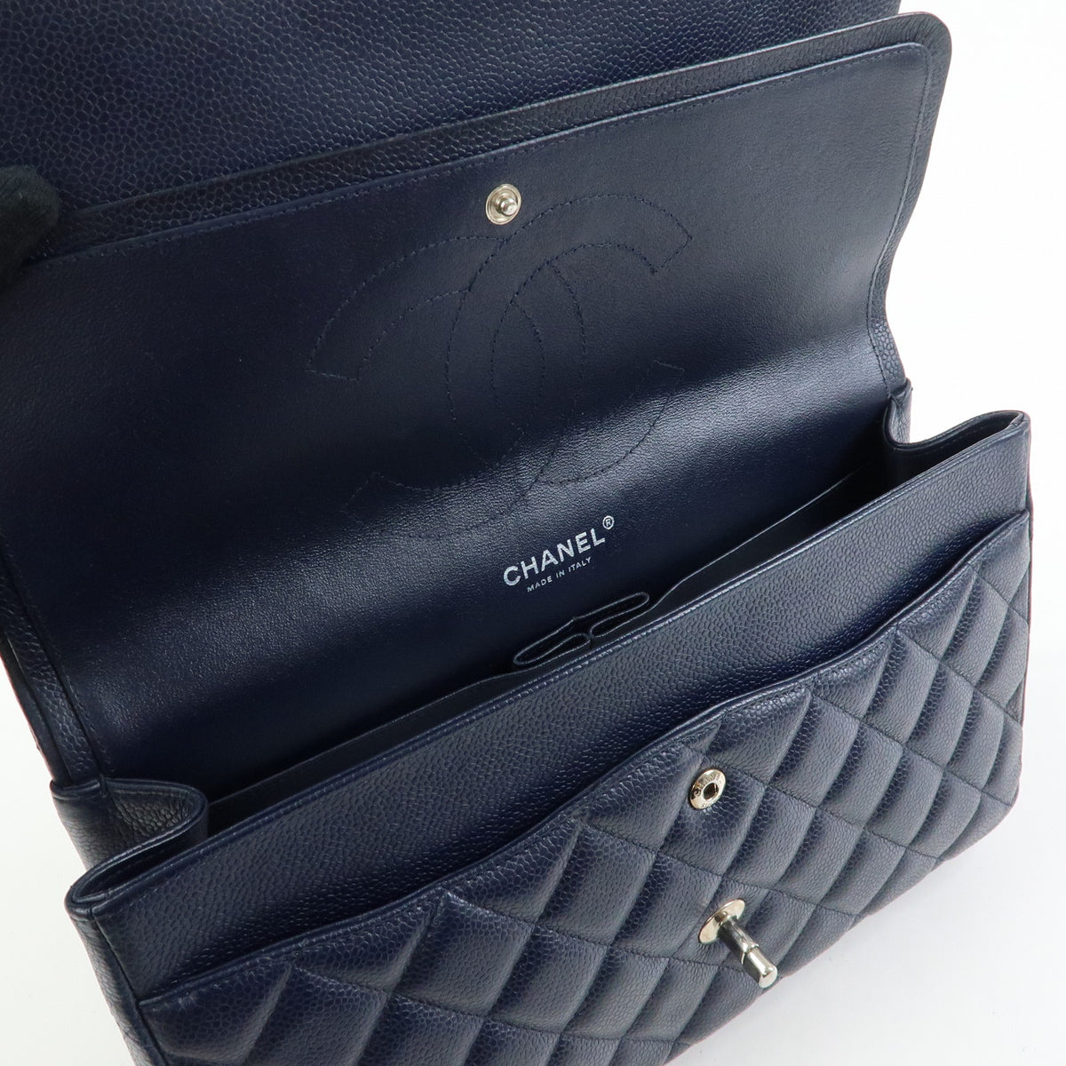 CHANEL Matelasse 30 Caviarskin W Flap Chain Shoulder Bag Navy A58600