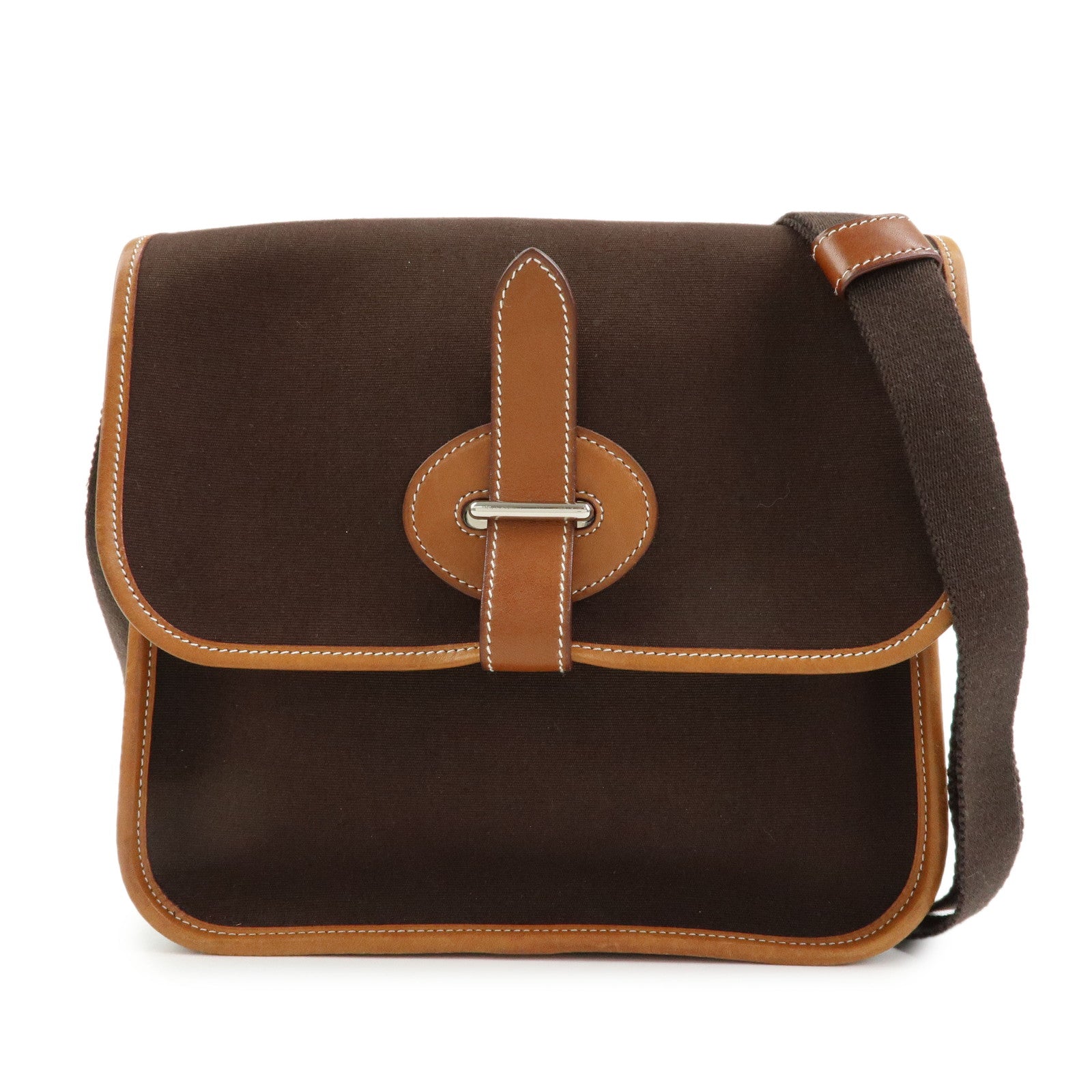 HERMES Buenaventura PM Toile Officier Leather Shoulder Bag Dark Brown