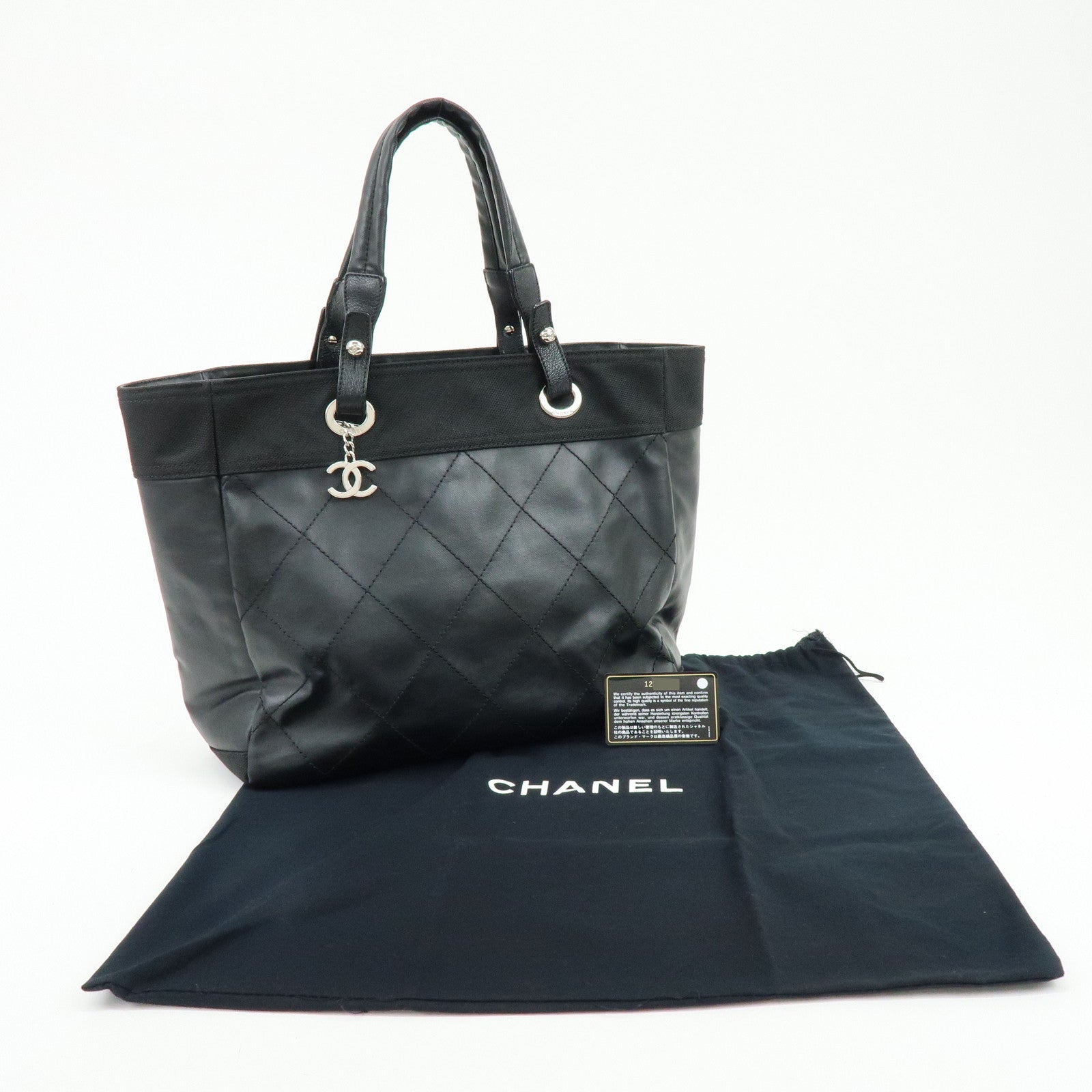CHANEL Paris Biarritz COCO Mark Leather Canvas Tote Bag Black A34209