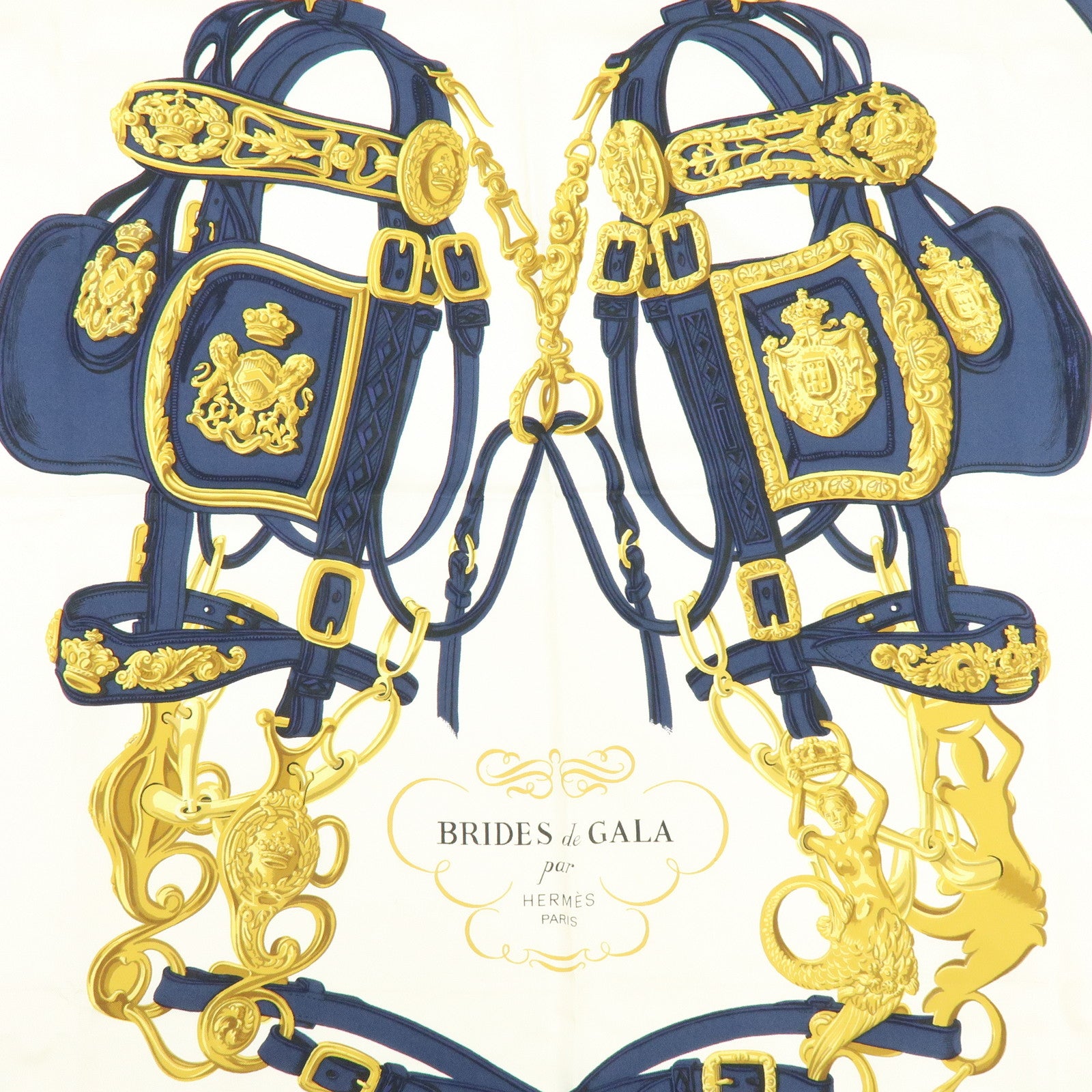 HERMES Carre 90 Silk 100% Scarf BRIDES DE GALA Navy White Gold
