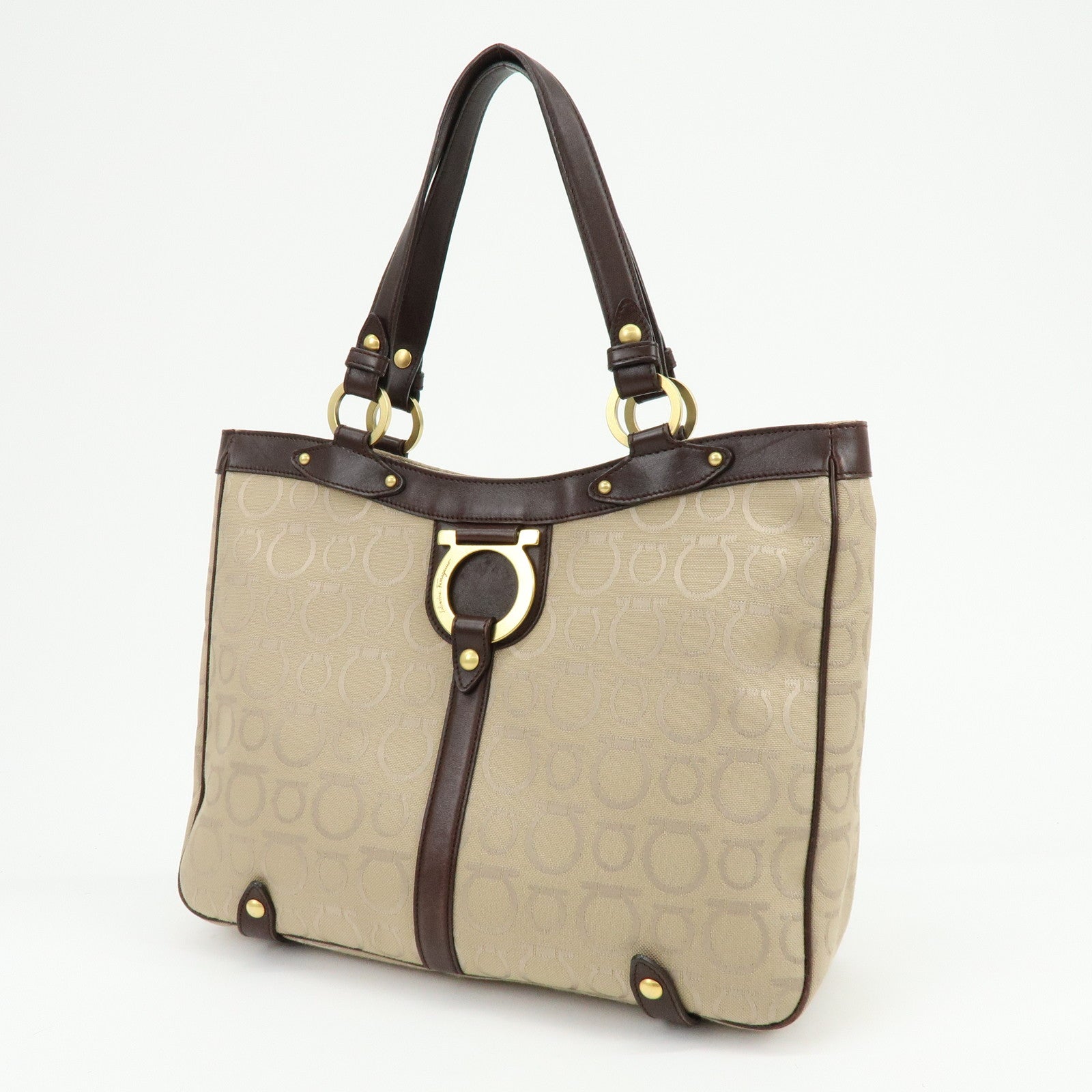 Ferragamo Gancini Canvas Leather Tote Bag Hand Bag Beige Brown