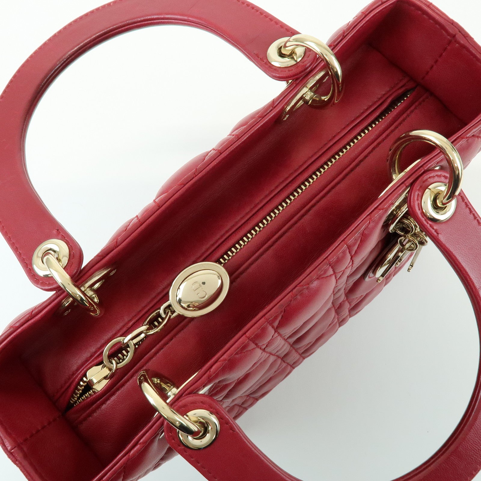 Christian Dior Lady Dior Cannage Lamb Skin Hand Bag Red