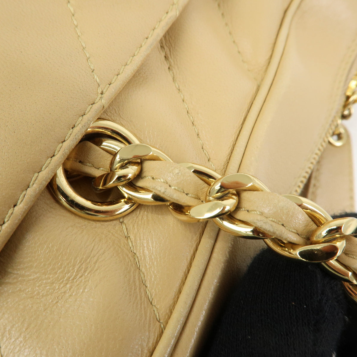 CHANEL Chevron COCO Mark Lamb Skin Chain Shoulder Bag Beige