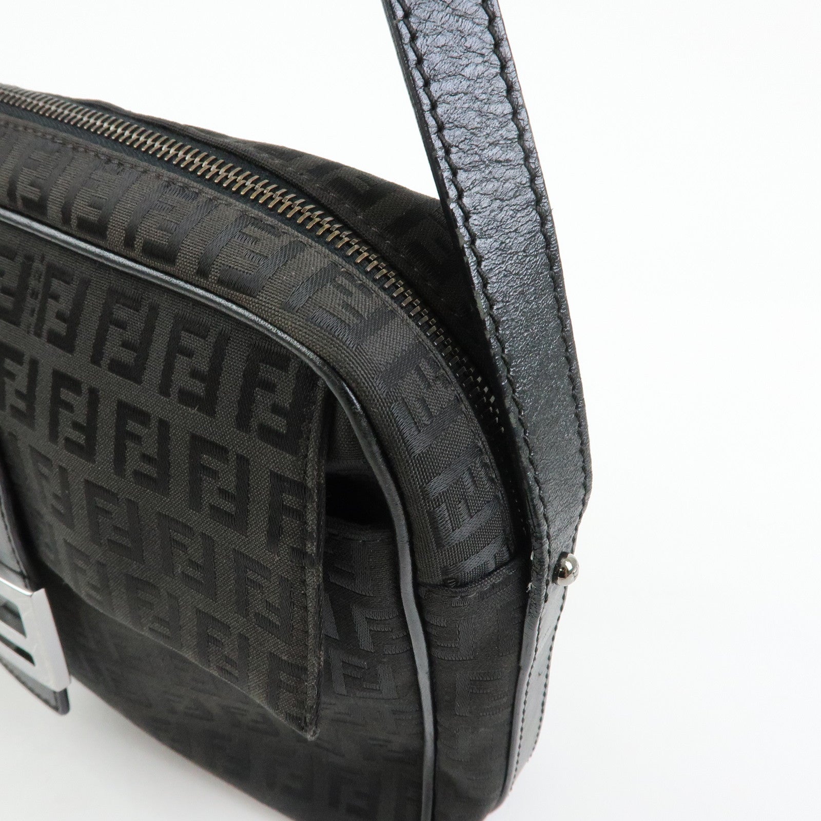 FENDI Zucchino Jacquard Canvas Leather Shoulder Bag Black 8BT117