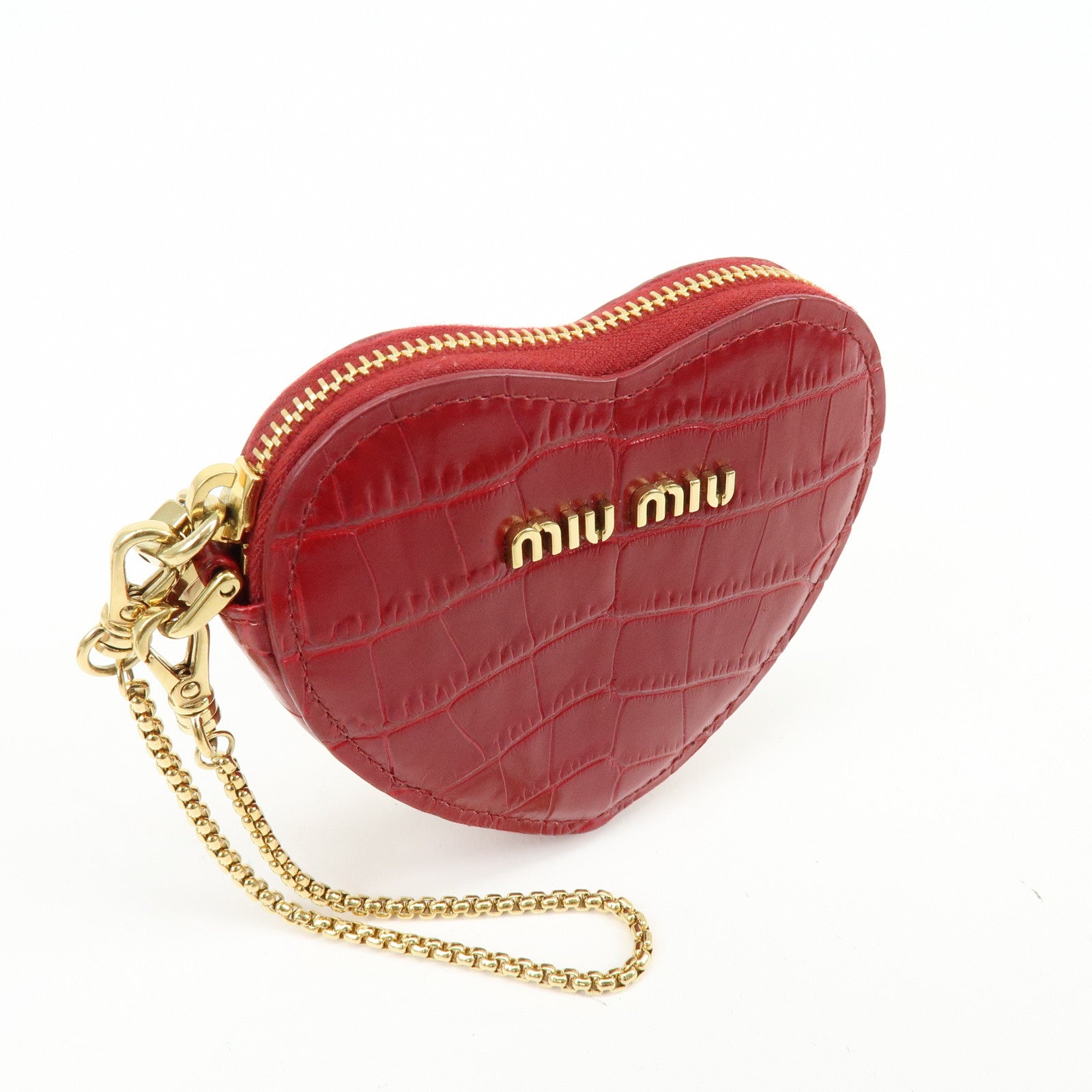 MIU MIU Embossed Leather Coin Case Bag Charm Heart Motif Red 5TL358
