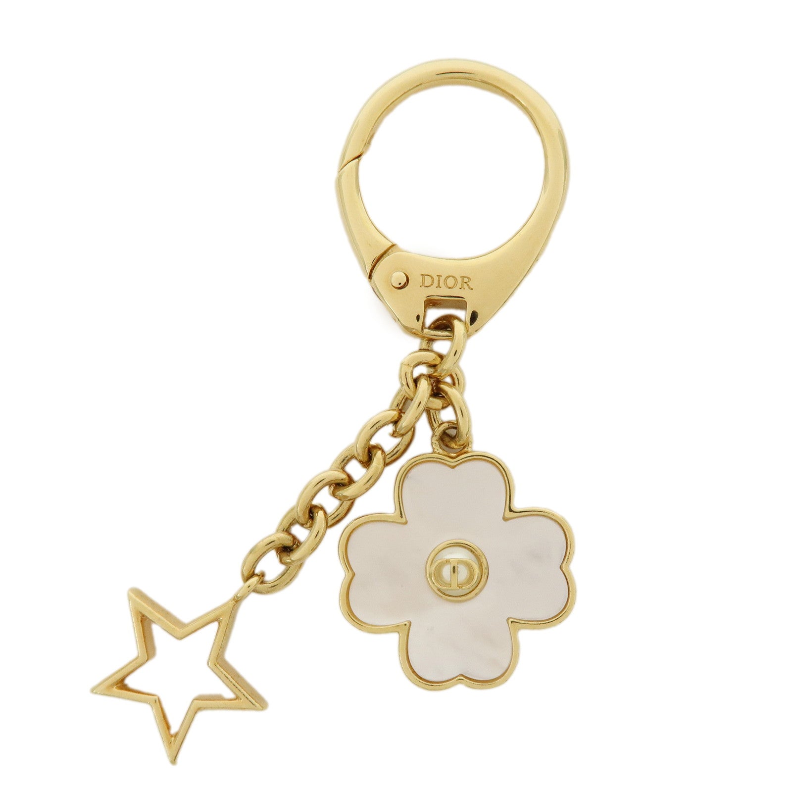 Christian Dior Metal Mother of Pearl Bag Charm Key Holder Clover Star