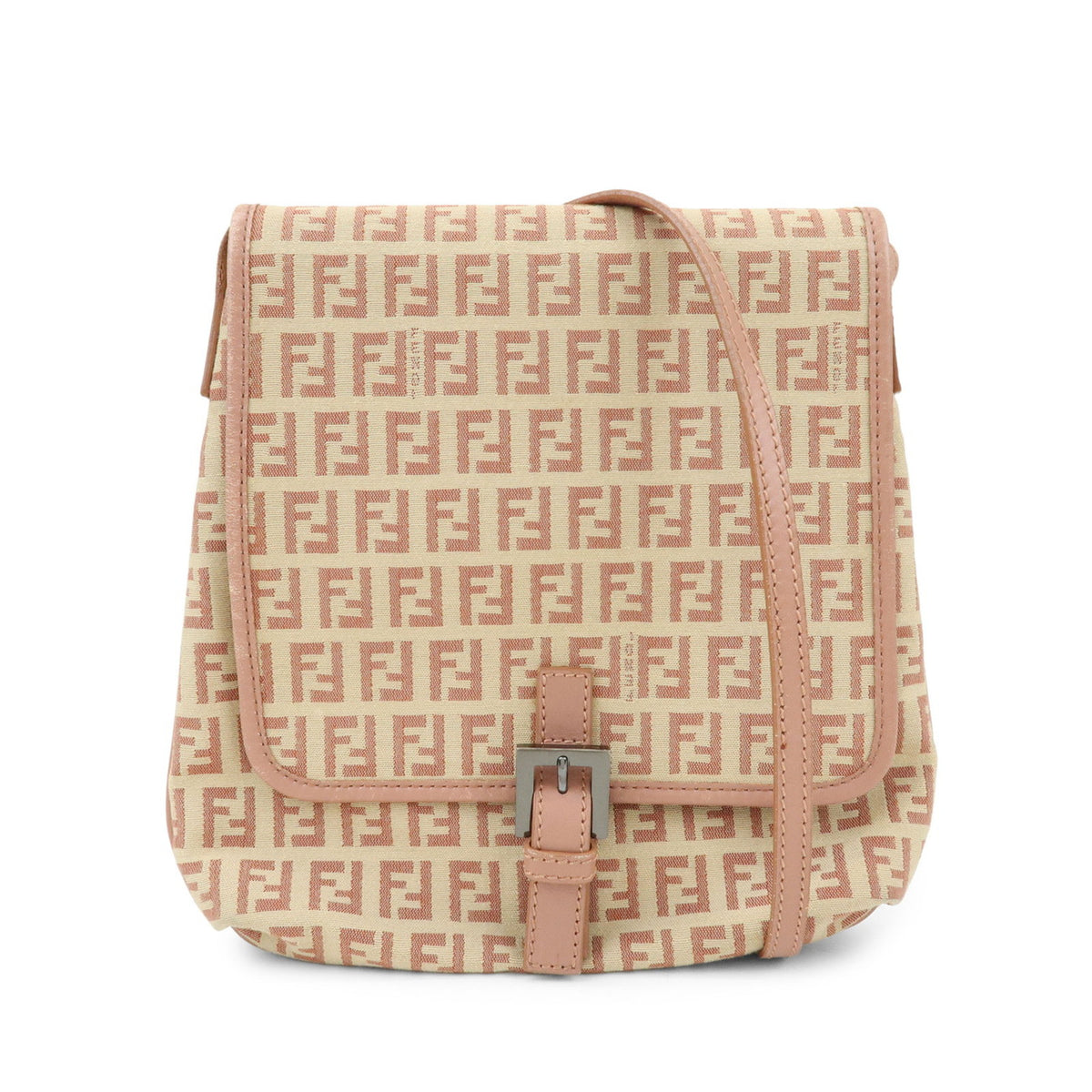 FENDI Zucchino Canvas Leather Shoulder Crossbody Bag Beige Pink 8BT052