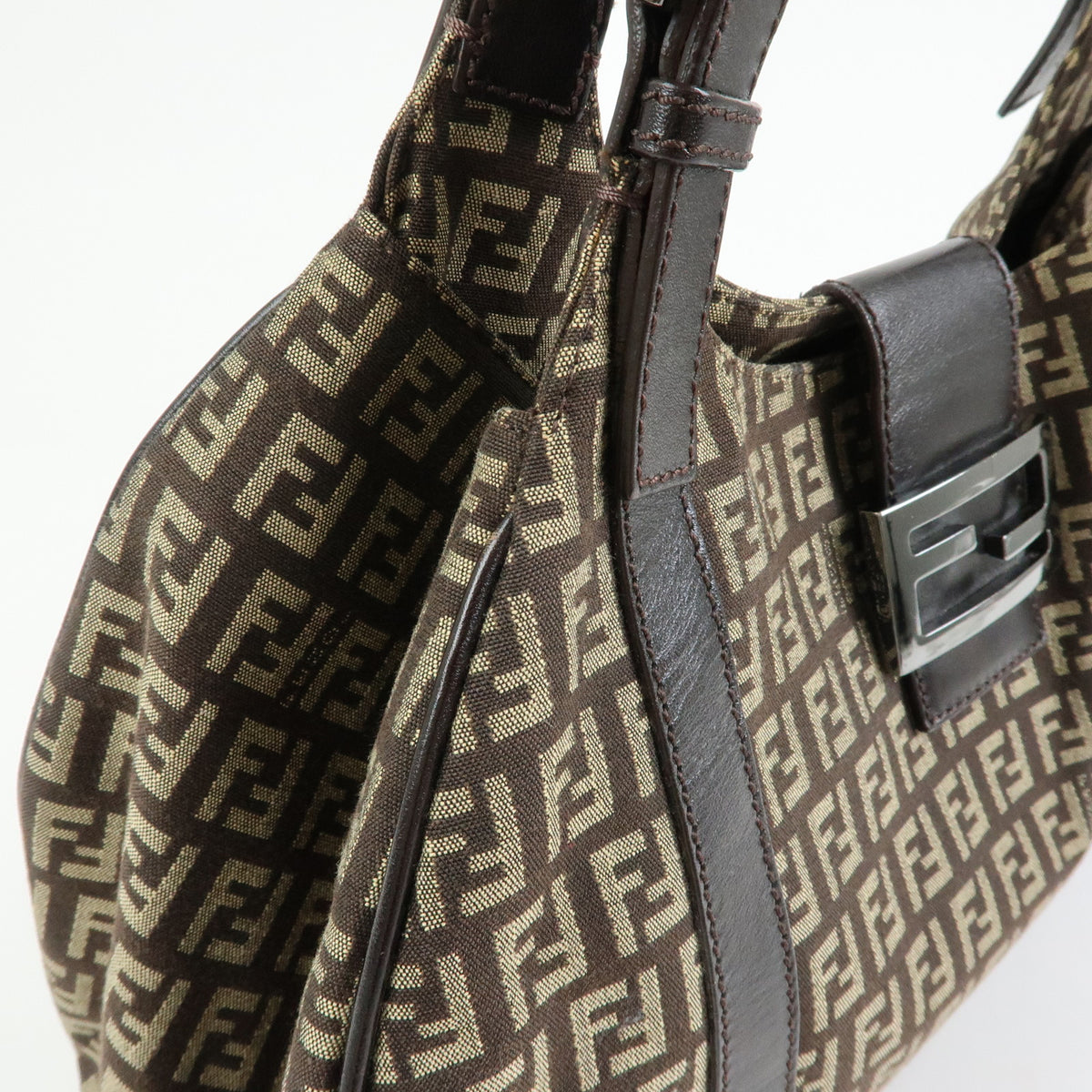 FENDI Zucchino Canvas Leather Shoulder Bag Hand Bag Beige Brown 8BR463