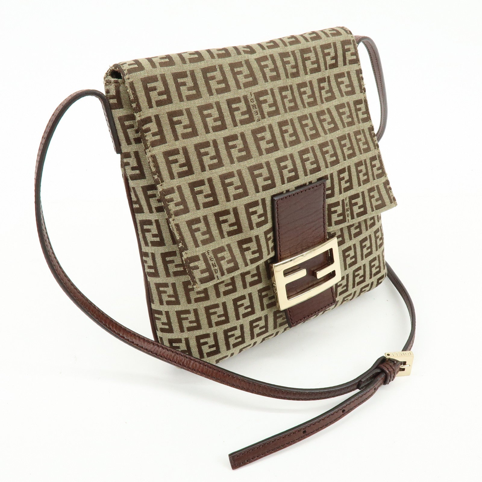 FENDI Zucchino Canvas Leather Shoulder Bag Beige Brown 8BT075