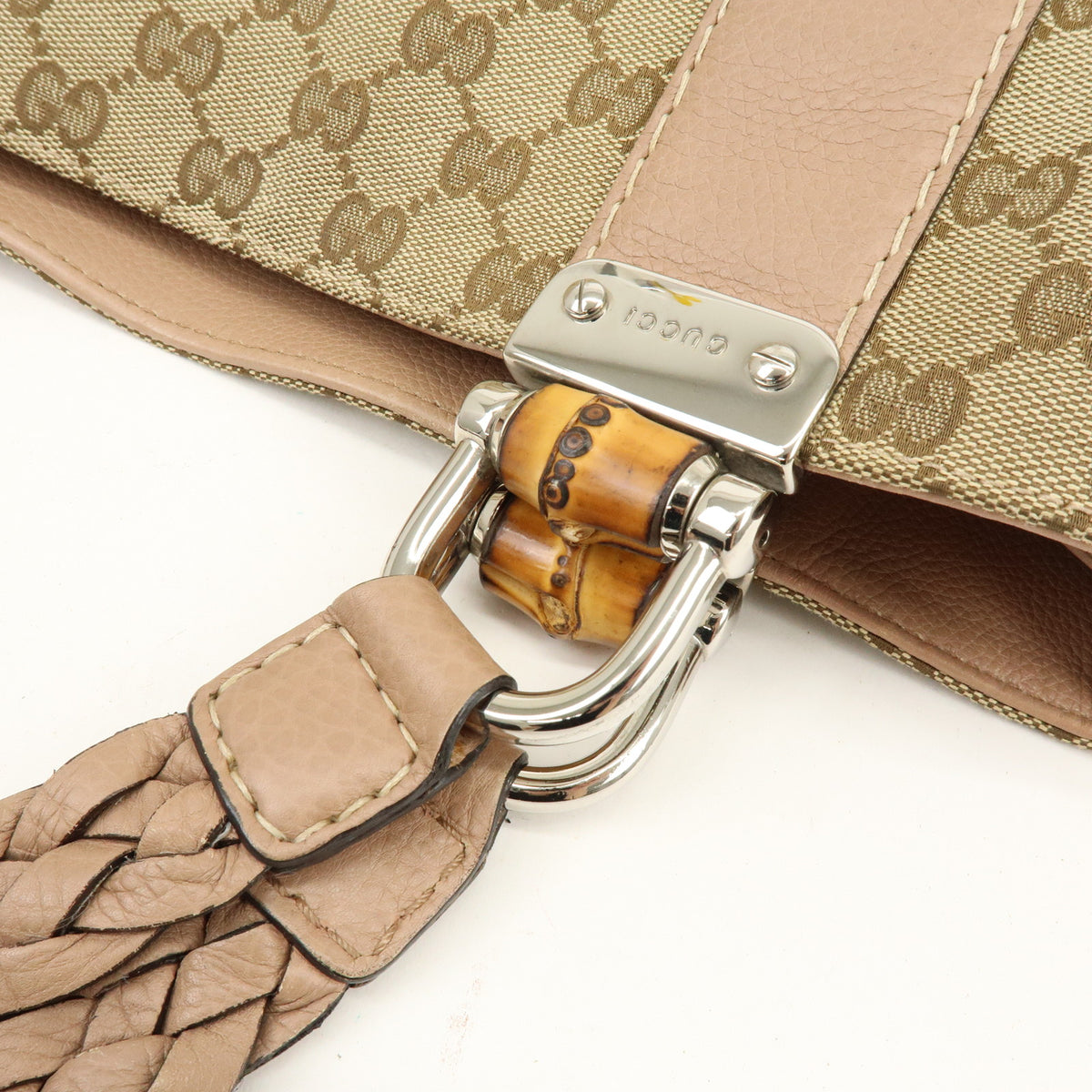 GUCCI Bamboo GG Canvas Leather Tote Bag Beige Brown Pink 232947