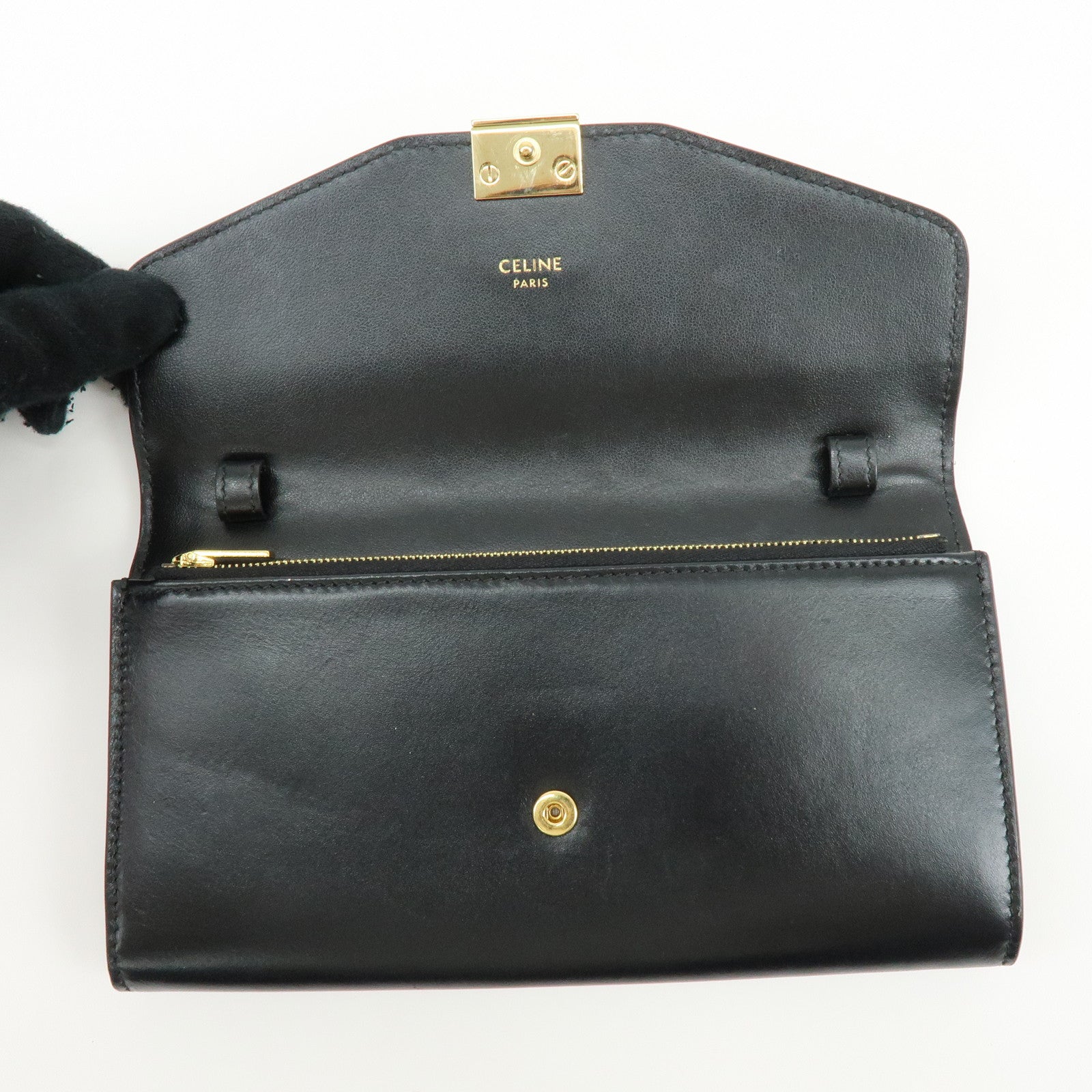 CELINE C Logo Leather Chain Long Flap Wallet Black