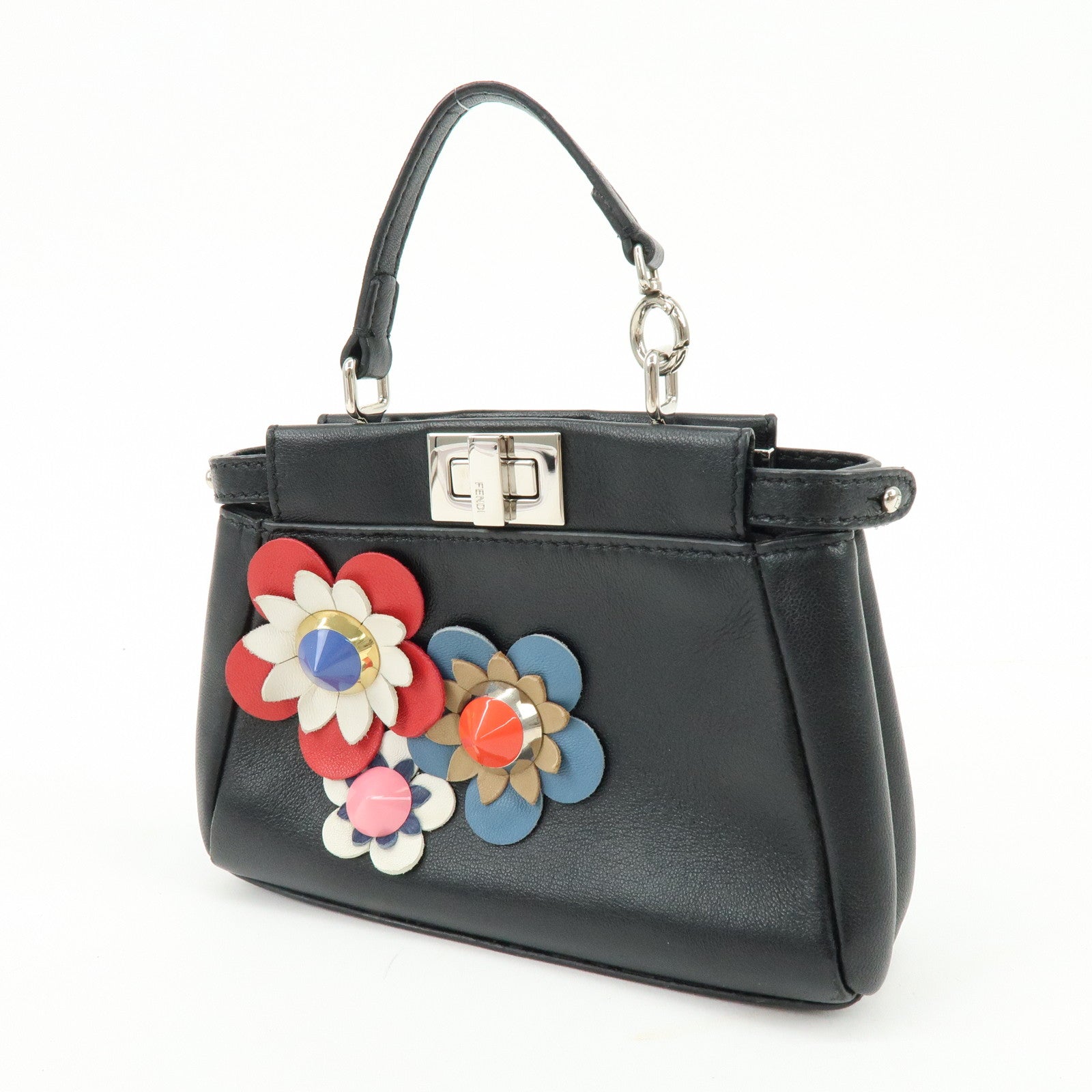 FENDI Micro Peekaboo Leather Flower Motif 2Way Hand Bag Black 8M0355