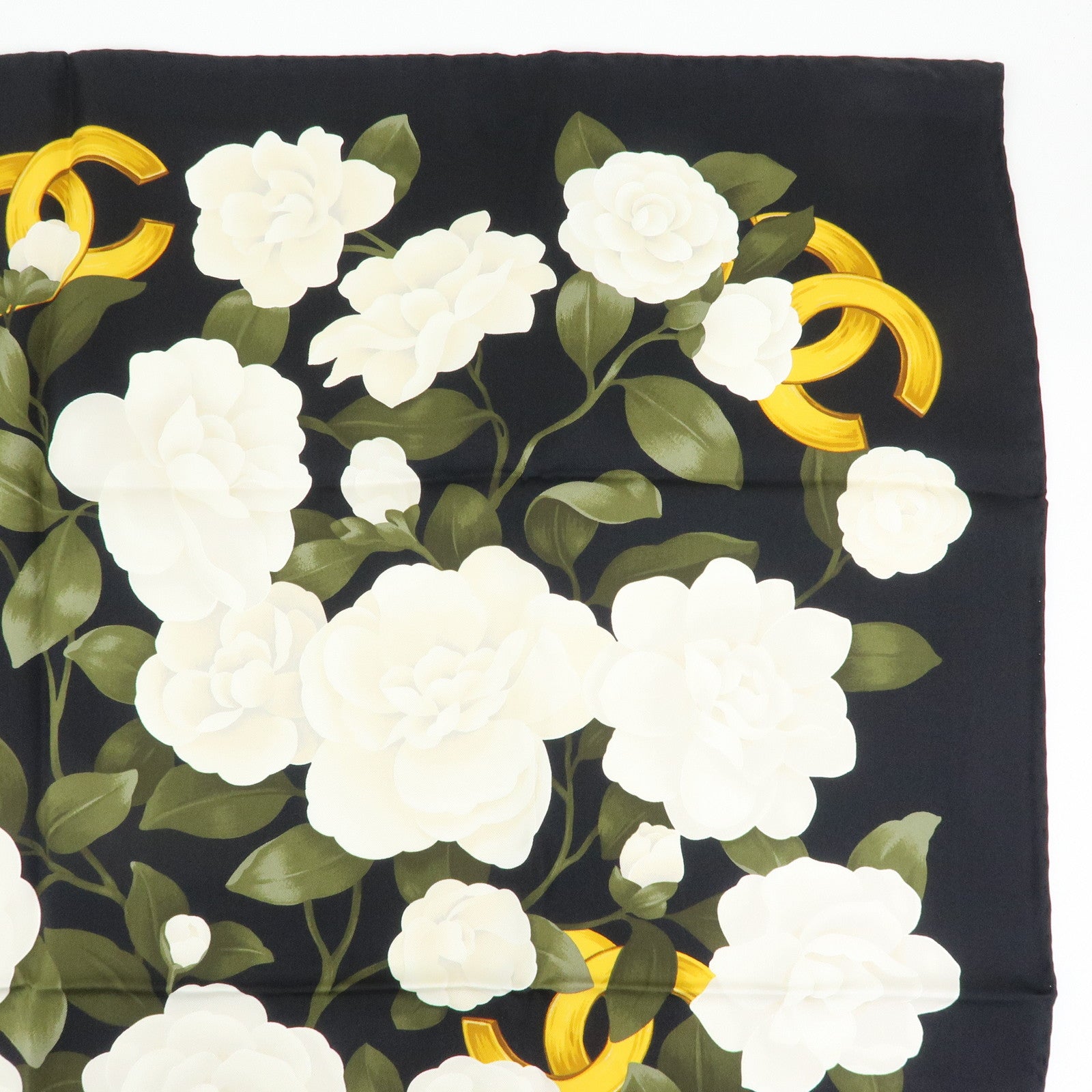 CHANEL COCO Mark Silk 100% Scarf Camellia Flower Black White Gold