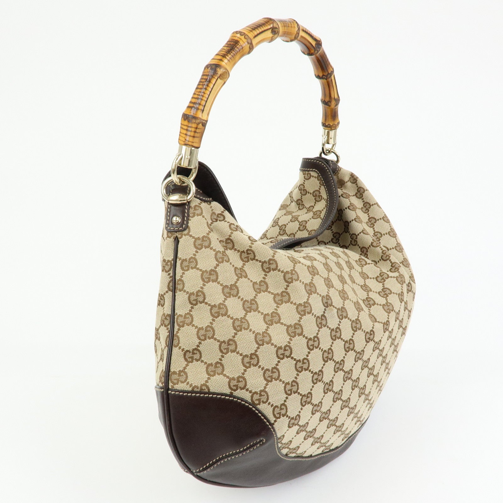 GUCCI Bamboo GG Canvas Leather 2Way Bag Hand Bag Beige Brown 169976
