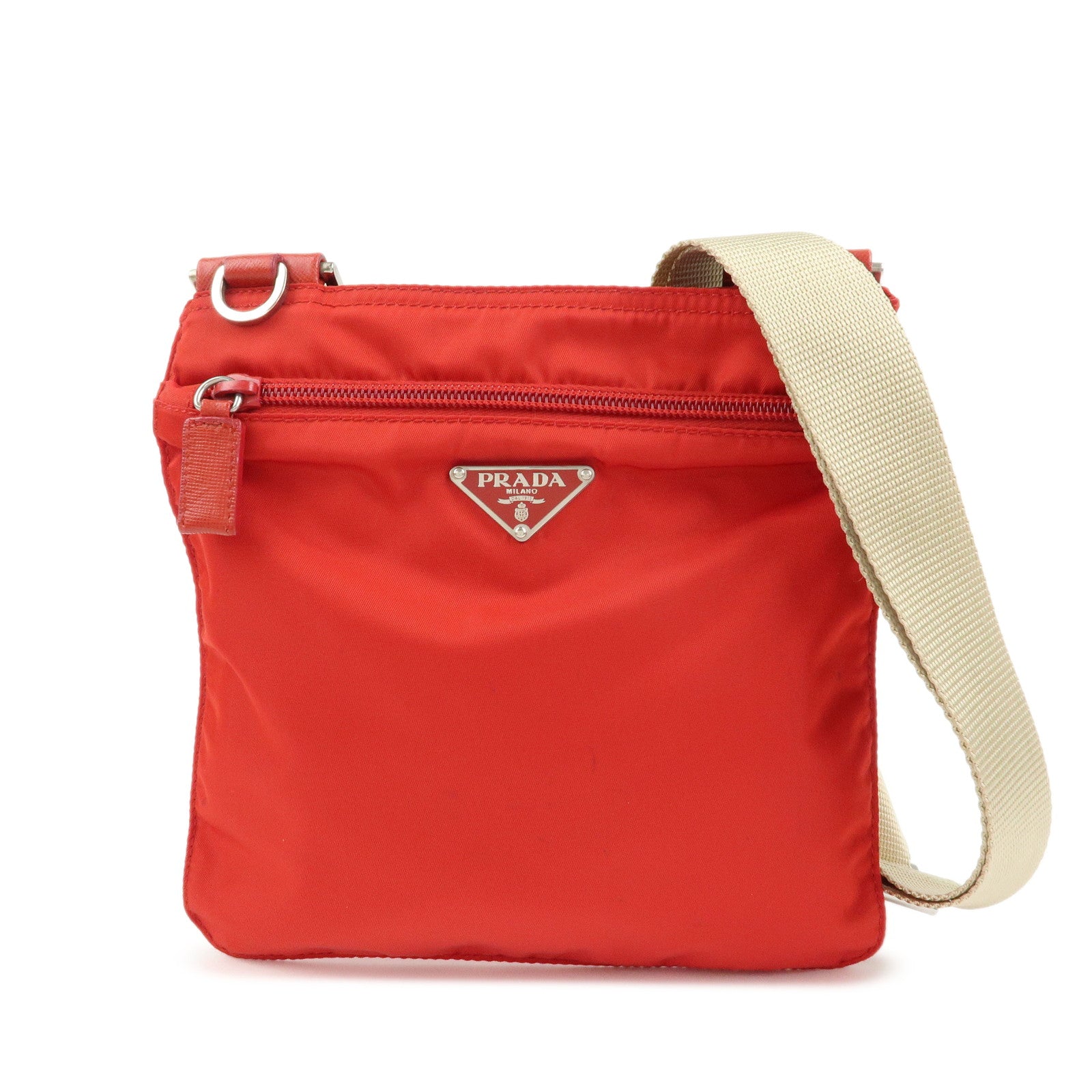 PRADA Triangle Logo Nylon Shoulder Bag Crossbody Bag Red Beige B7372