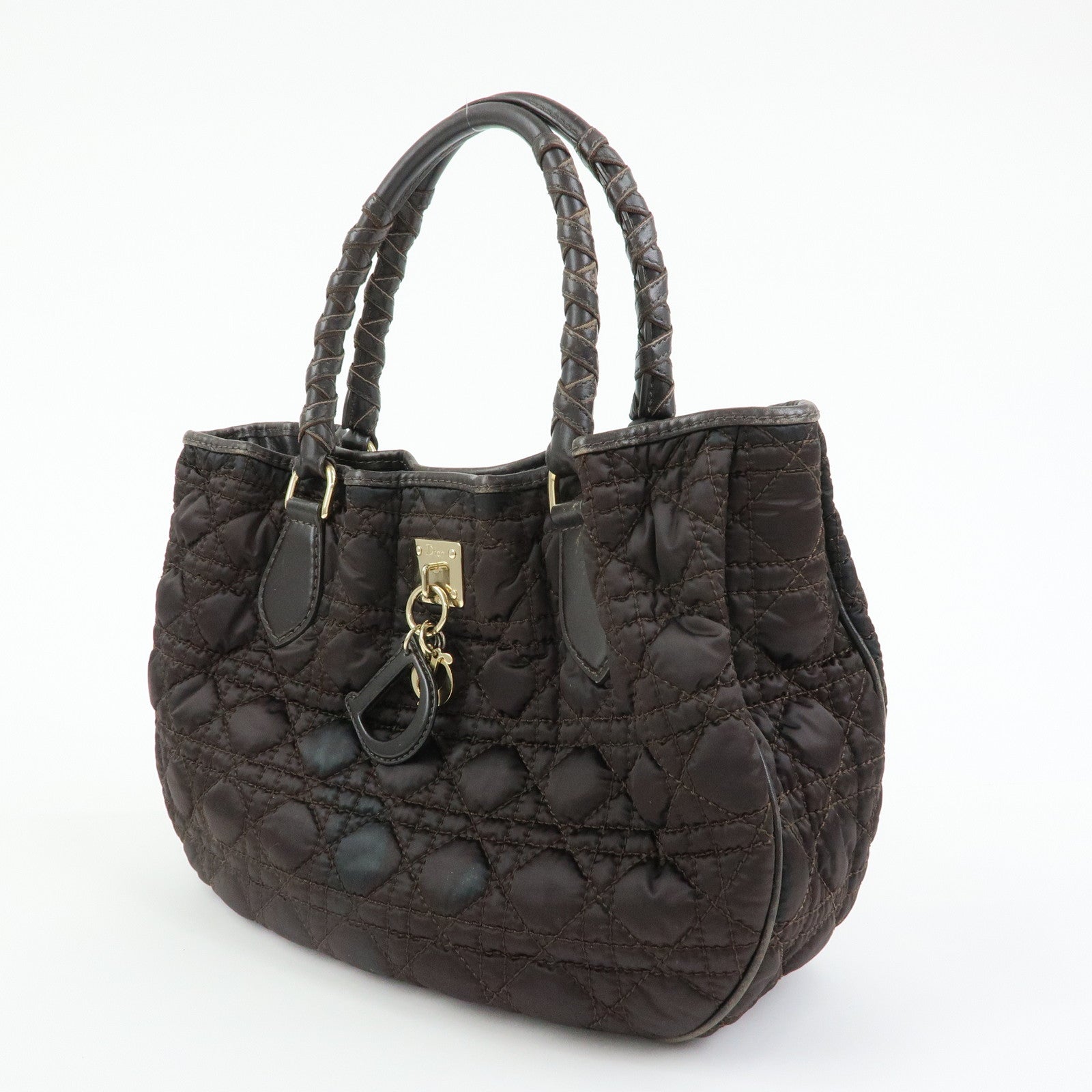 Christian Dior Lady Dior Cannage Nylon Leather Hand Bag Tote Bag Brown