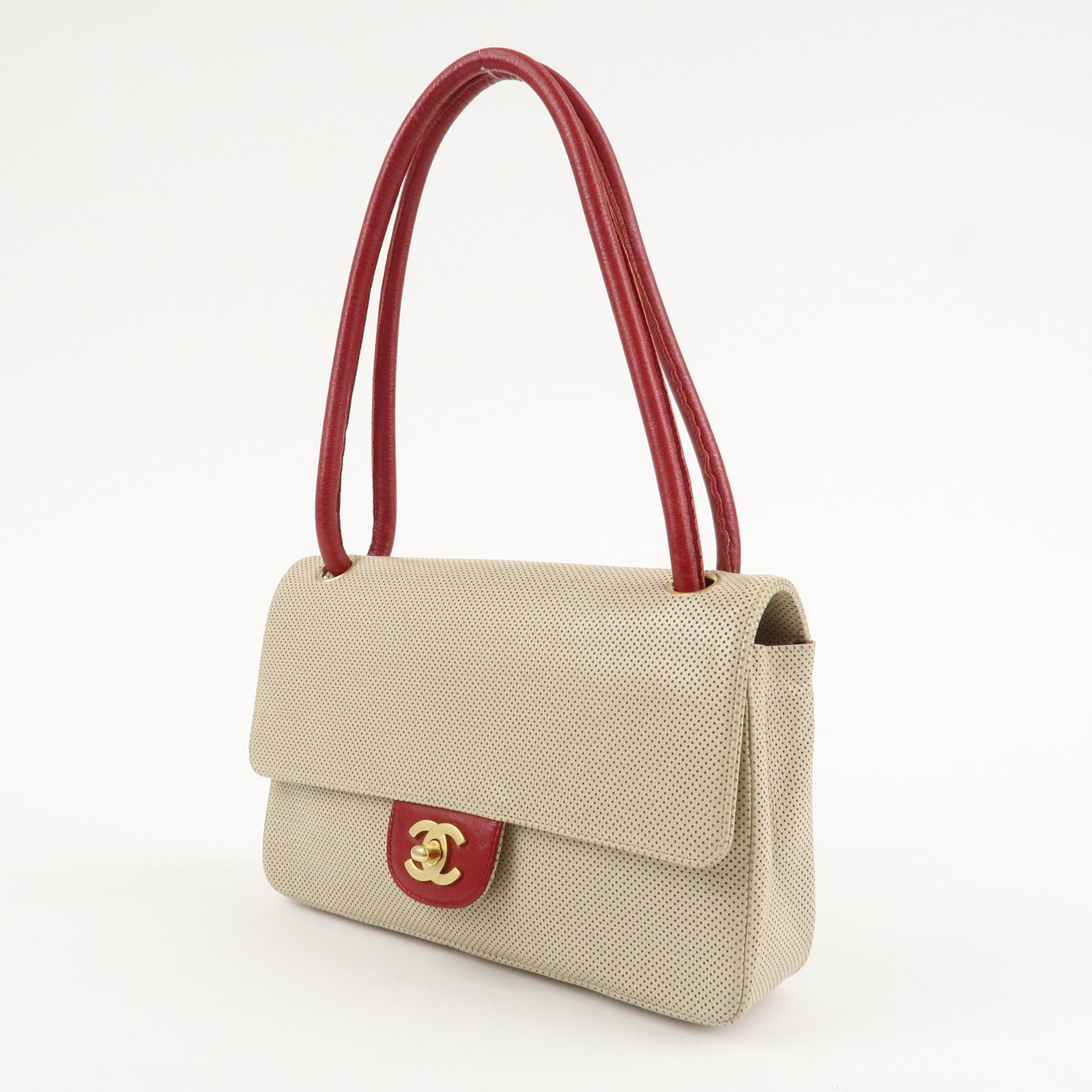 CHANEL COCO Mark Punching Leather Shoulder Bag Hand Bag Beige Red Used