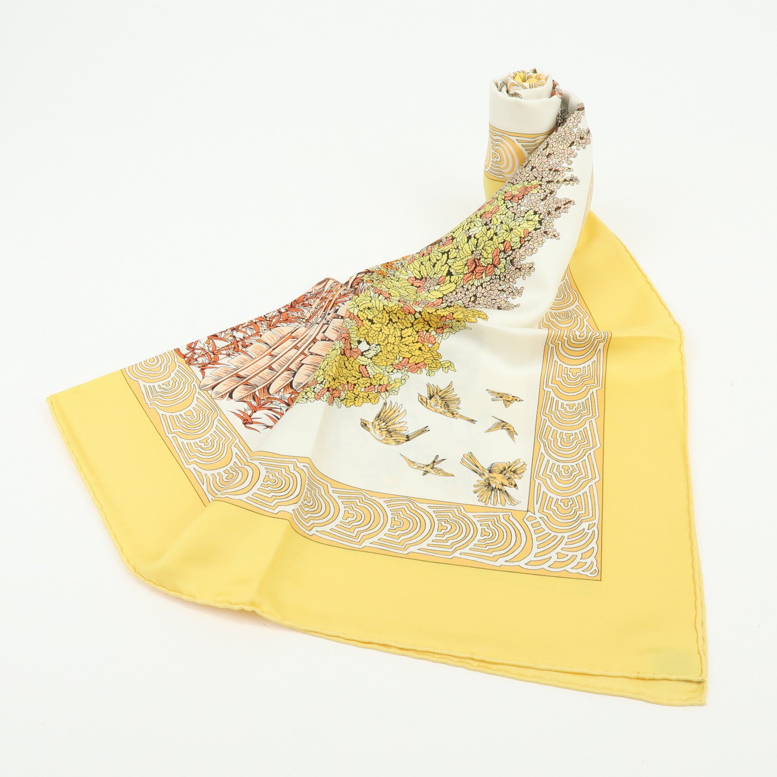 HERMES Carre 90 Silk 100% Scarf LES LEJENDES DE L'ARBRE Yellow Brown