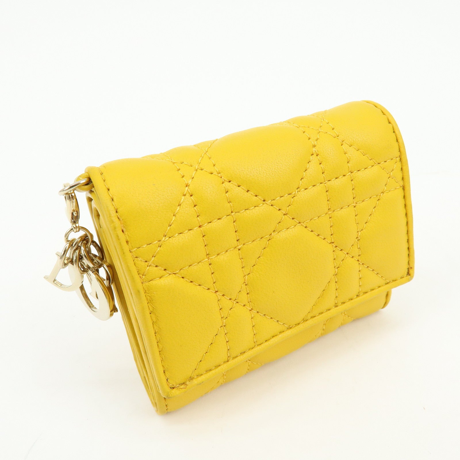 Christian Dior Lady Dior Cannage Leather Lotus Compact Wallet Yellow