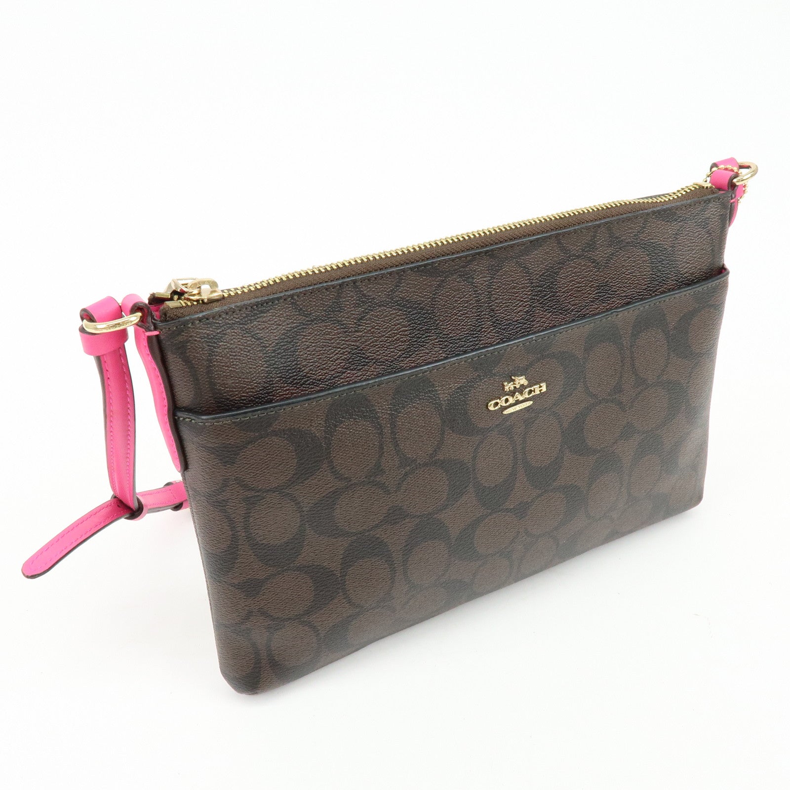 COACH Signature PVC Leather Shoulder Bag Crossbody Bag Brown Pink