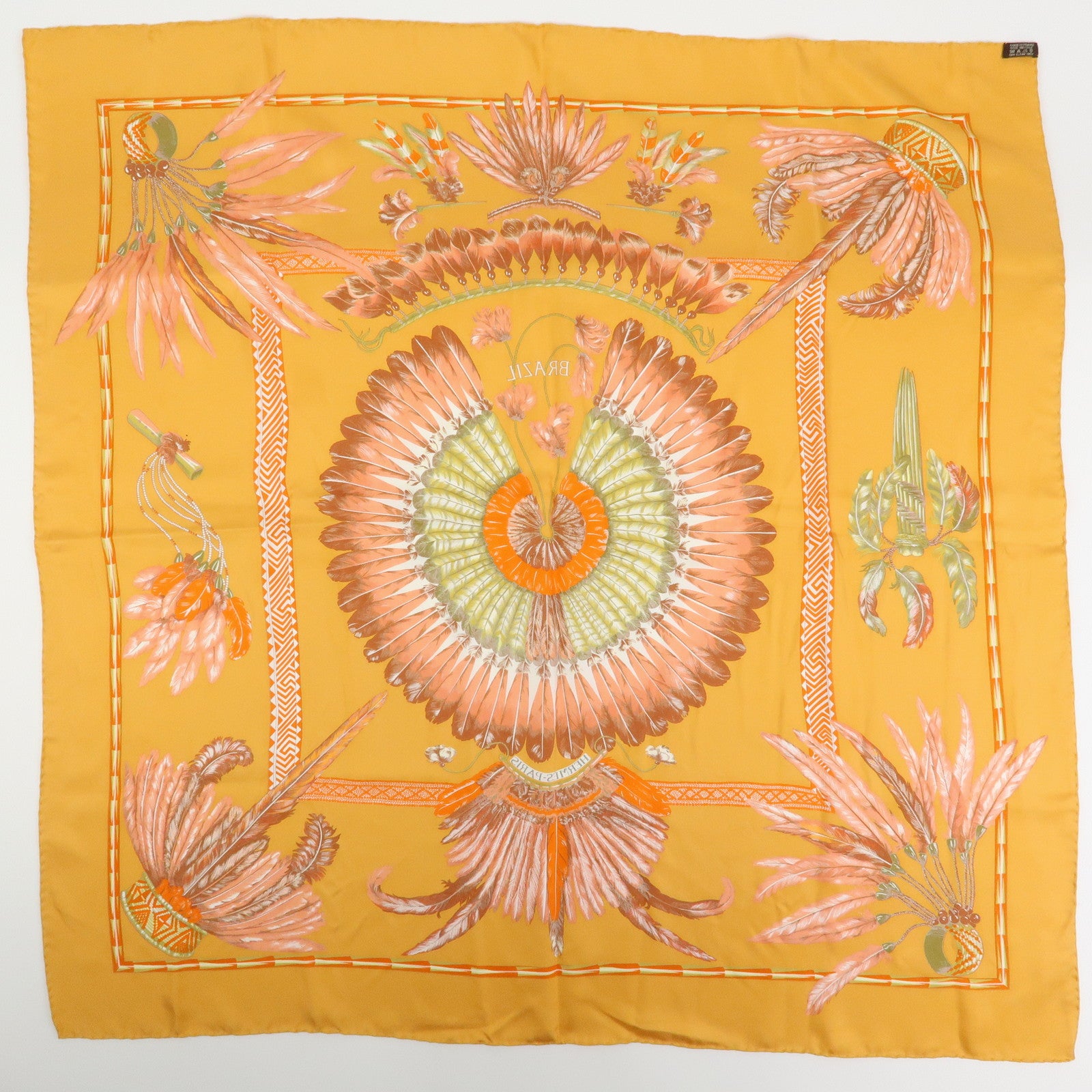 HERMES Carre 90 Silk 100% Scarf BRAZIL Orange Khaki