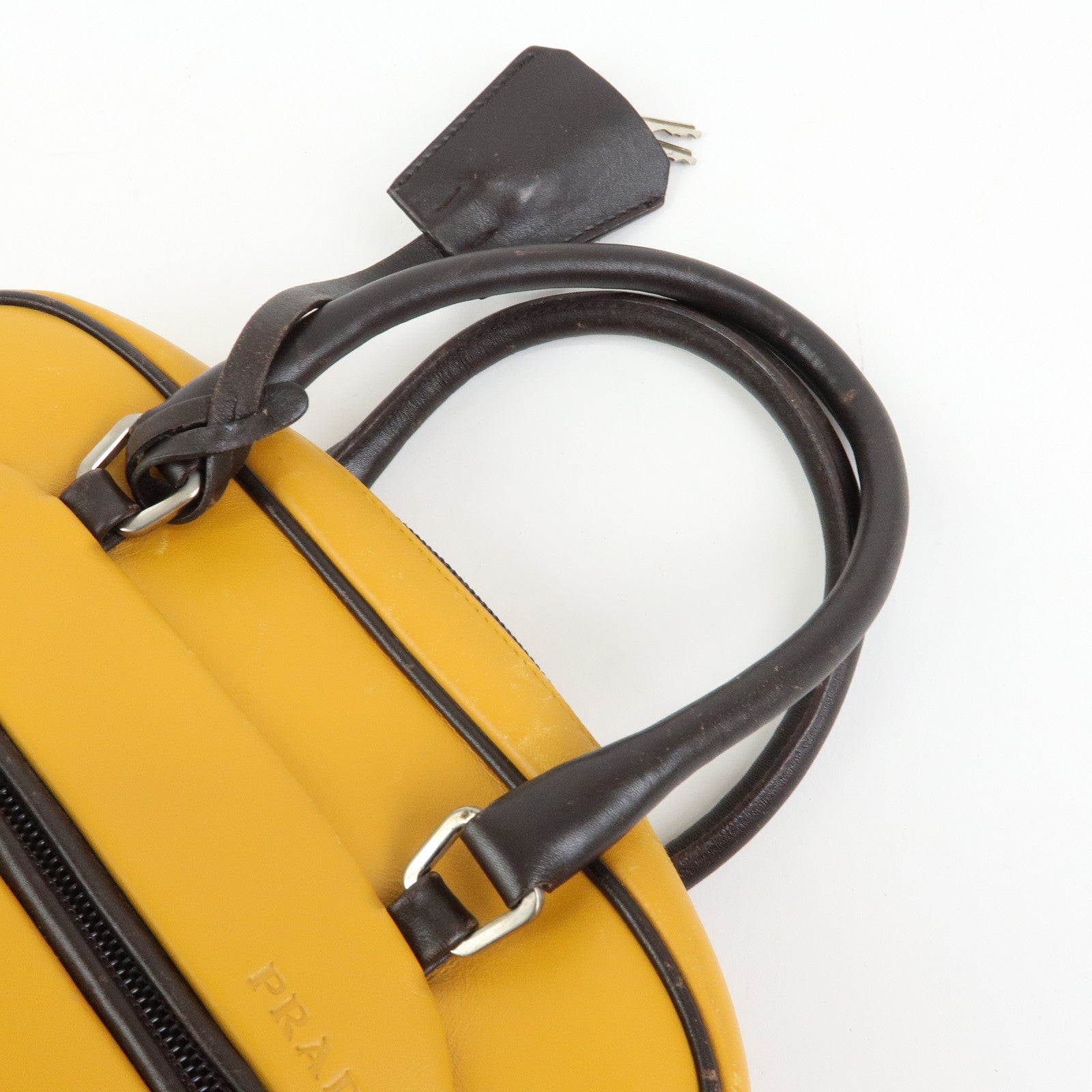 PRADA Leather Bicolor Hand Bag Bowling Bag Yellow Brown