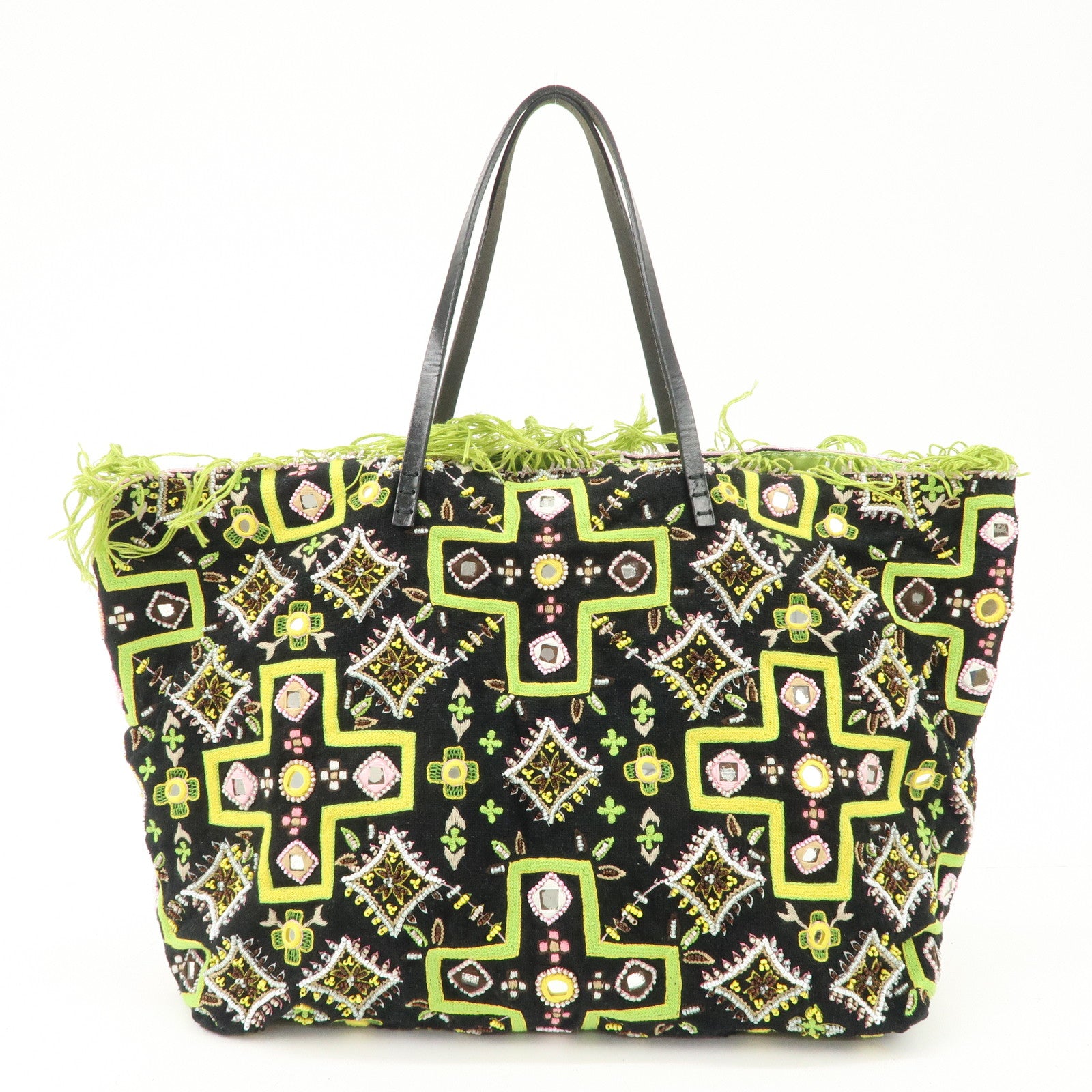 FENDI Canvas Leather Beaded Embroidery Tote Bag Hand Bag Black Used